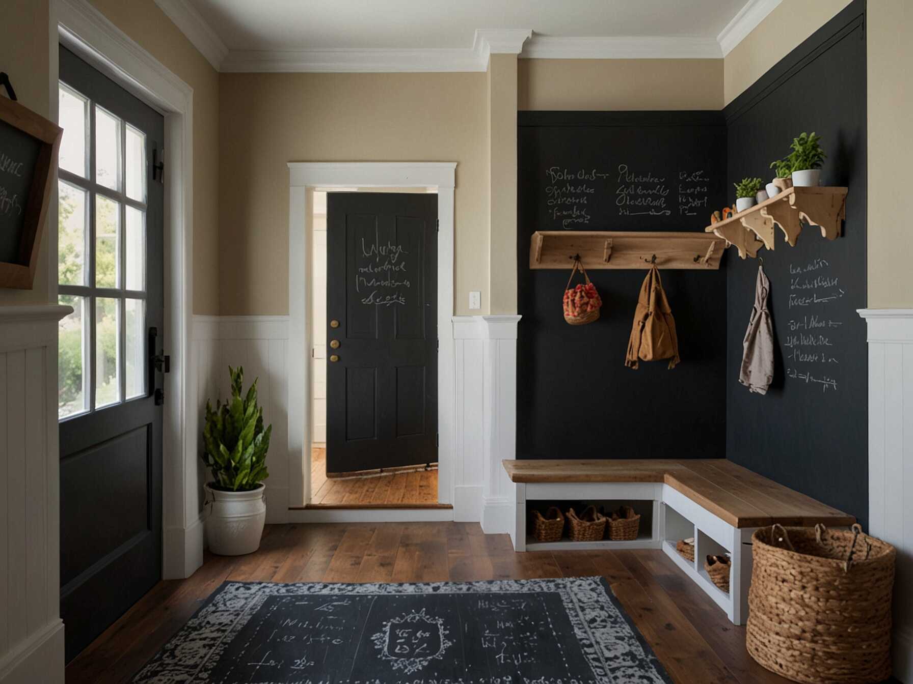 Add a chalkboard wall to your mudroom. You can write messages, reminders, or to-do lists on it. Its fun and functional for the whole family.  