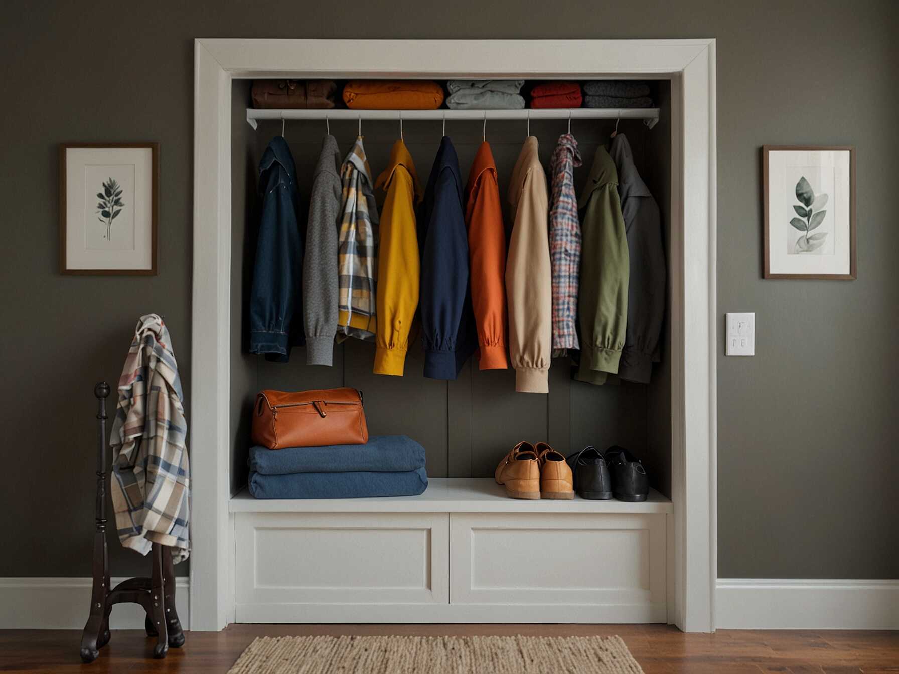 If you have the space, add a small coat closet. Its perfect for storing jackets and sweaters. You can also keep shoes and bags inside to keep the mudroom tidy.  