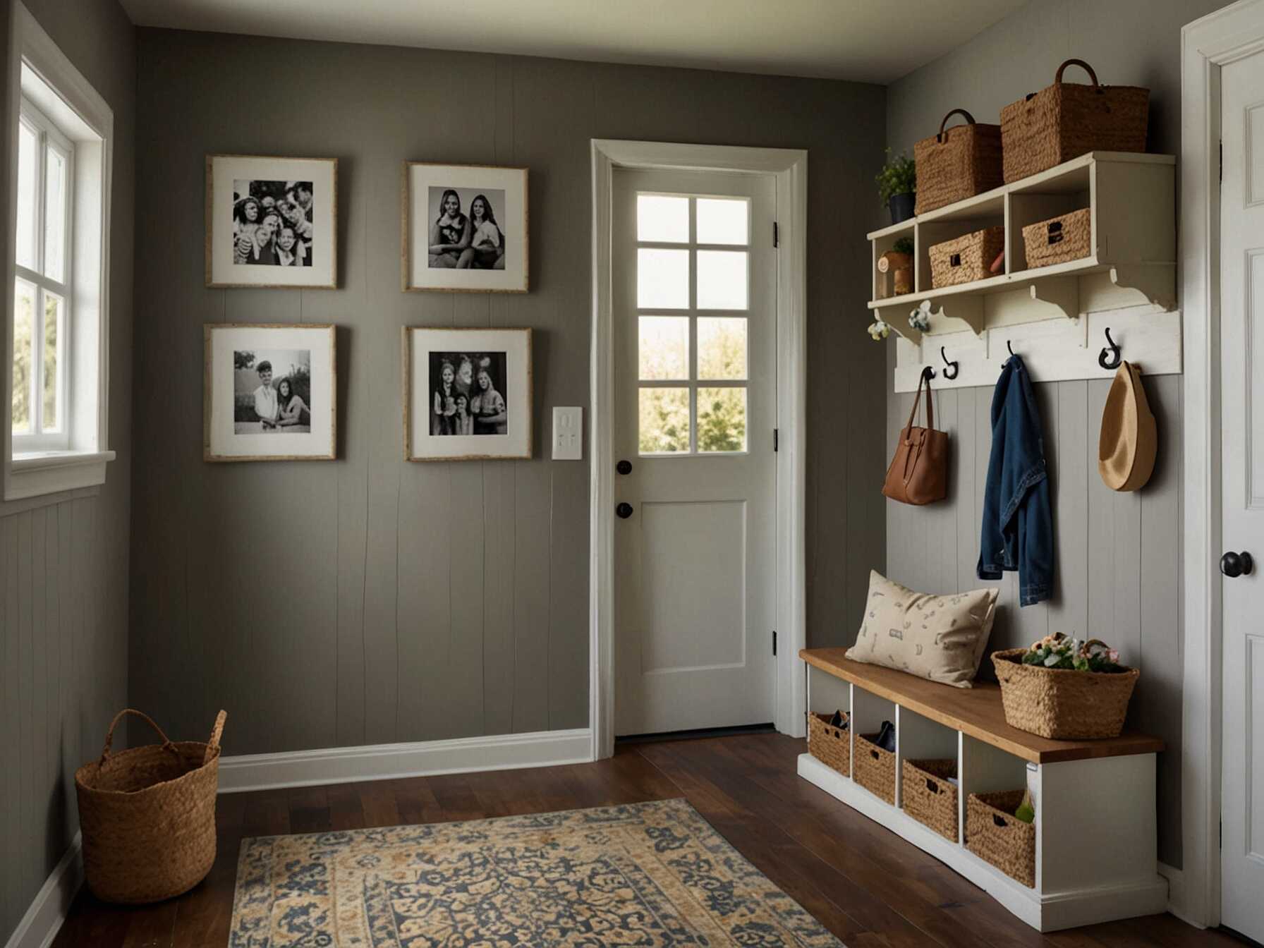 Personalize your mudroom with decor. Add family photos, artwork, or fun signs. This makes the mudroom a welcoming space for everyone.  