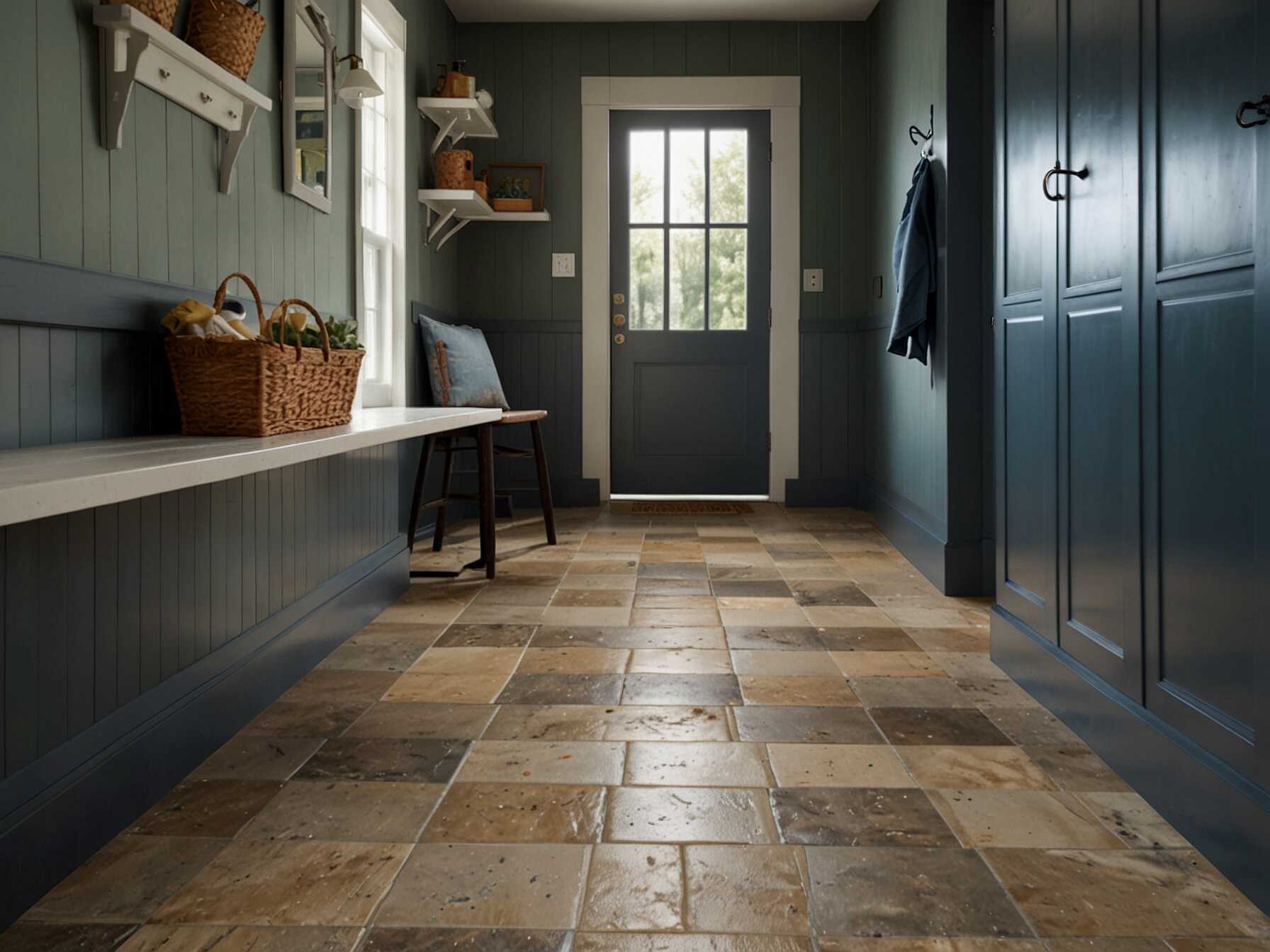 Tile floor is easy to clean and durable. Its great for a mudroom because it can handle wet and muddy shoes. Choose a tile that matches your style and is slip-resistant.  