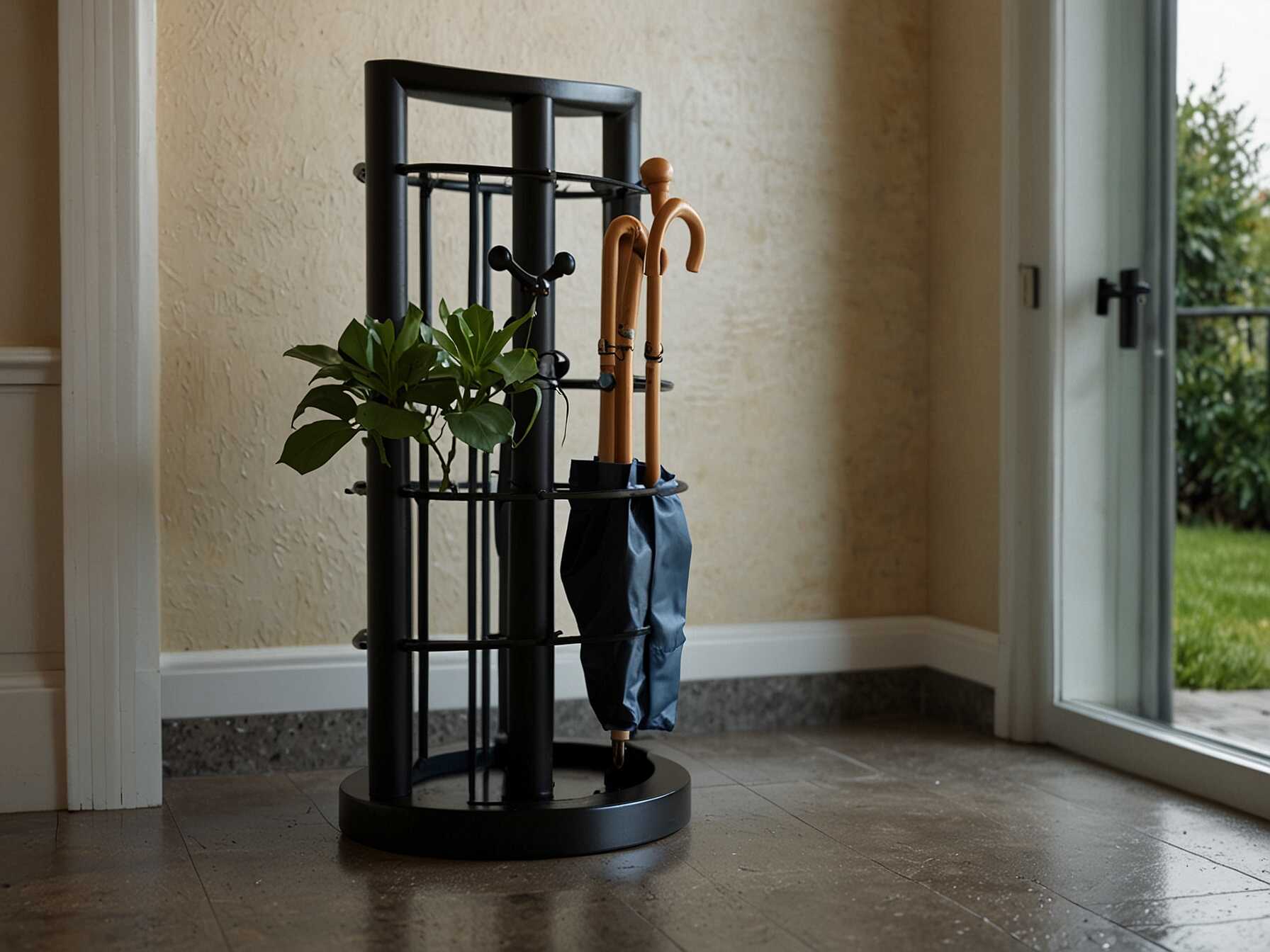 An umbrella stand keeps wet umbrellas organized. Place it near the door so umbrellas have a place to dry. This helps keep the floor dry and clean.  