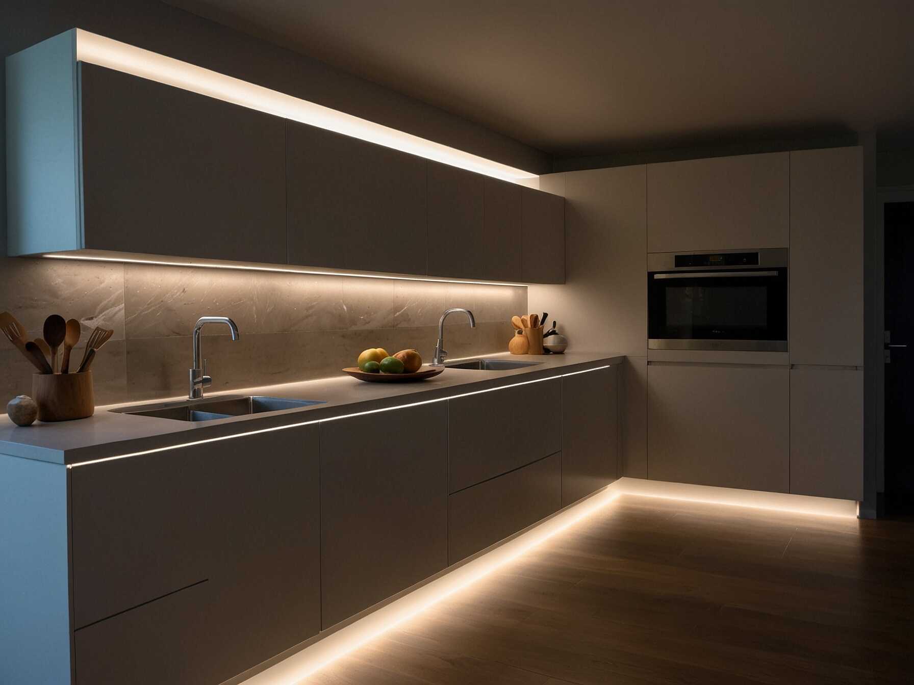 Give your kitchen a new feel by adding under cabinet lighting. It not only highlights your countertops but also makes cooking easier. Choose LED strips for a modern touch.  