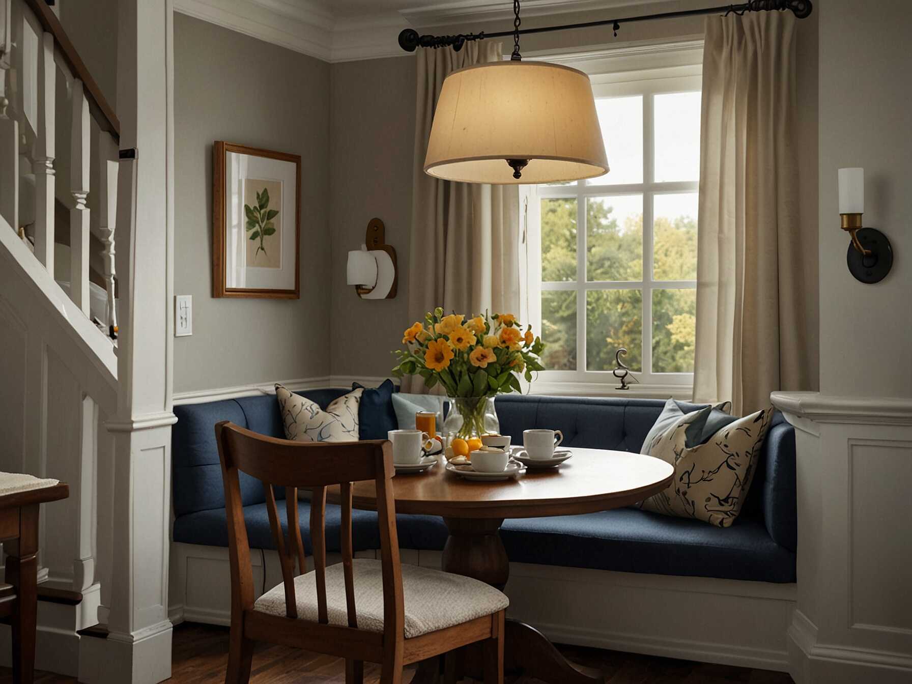 A cozy breakfast nook makes dining more enjoyable. Use a small table and some comfortable seating. It’s perfect for morning coffee or casual meals.  