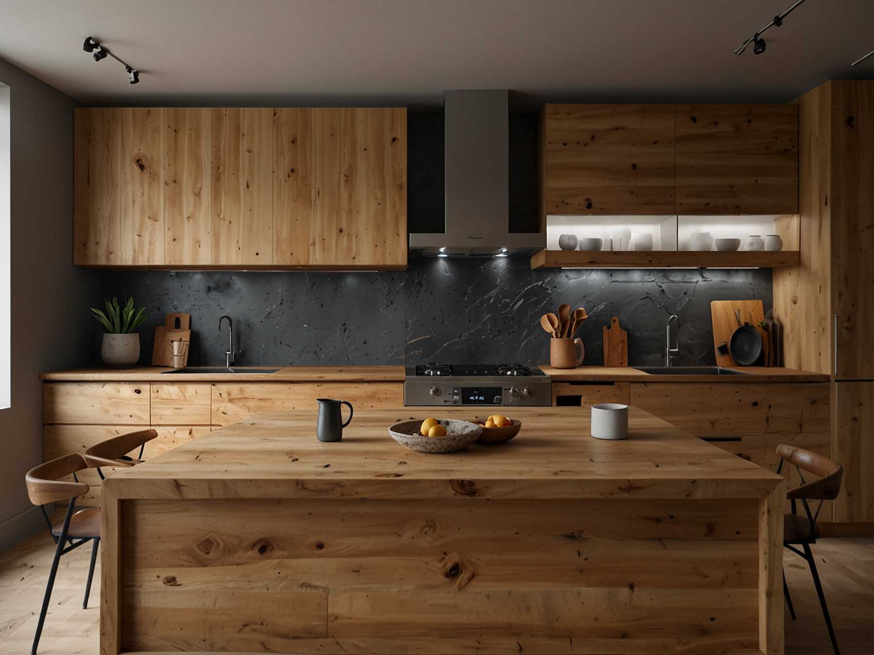 Adding natural wood elements brings warmth to a kitchen. This can be in the form of wooden countertops, shelves, or even flooring. It creates a cozy and inviting atmosphere.  