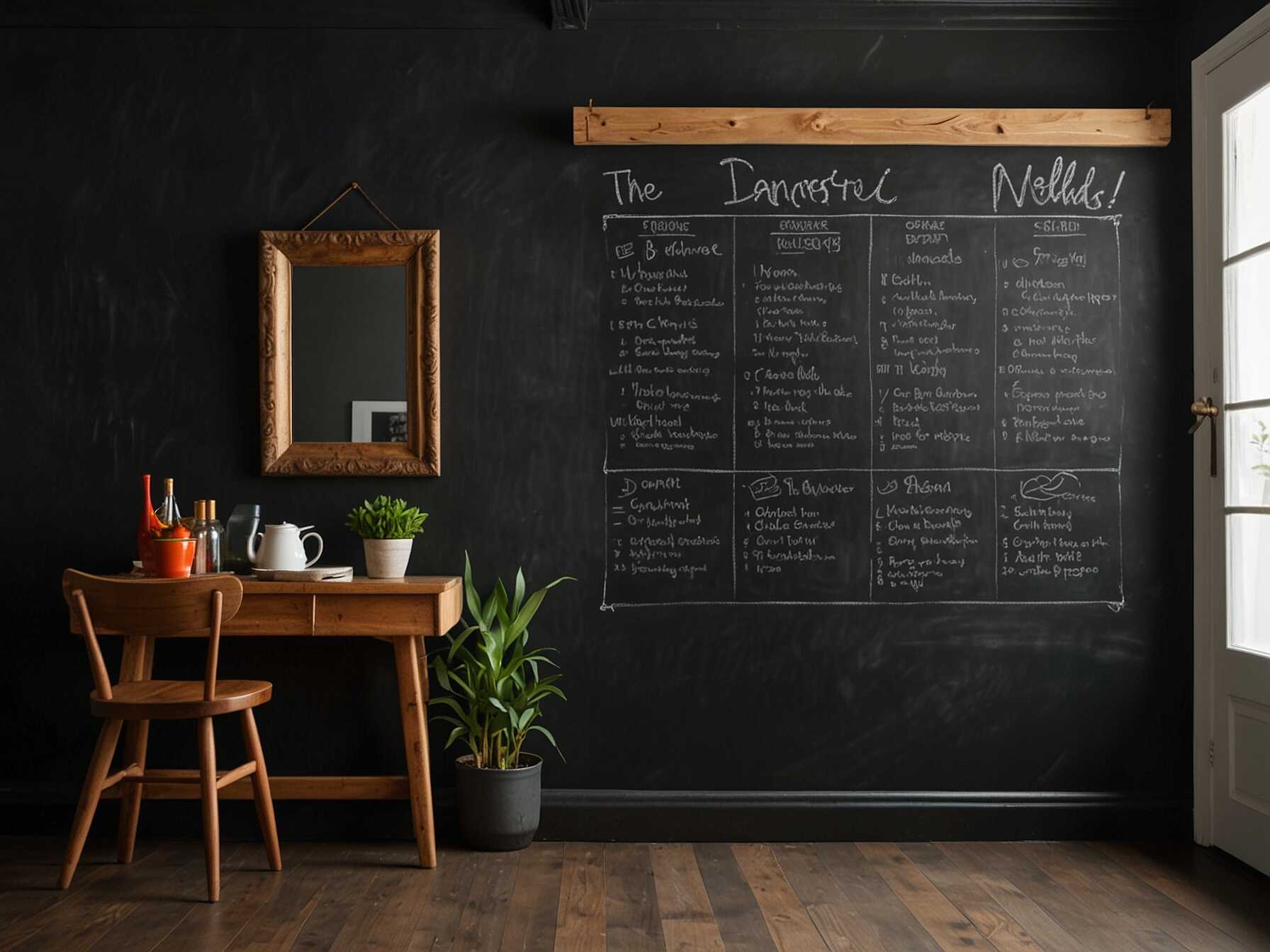 A chalkboard wall adds a fun and functional element. Use it for grocery lists, recipes, or a family calendar. It’s a great way to keep everyone in the loop.  