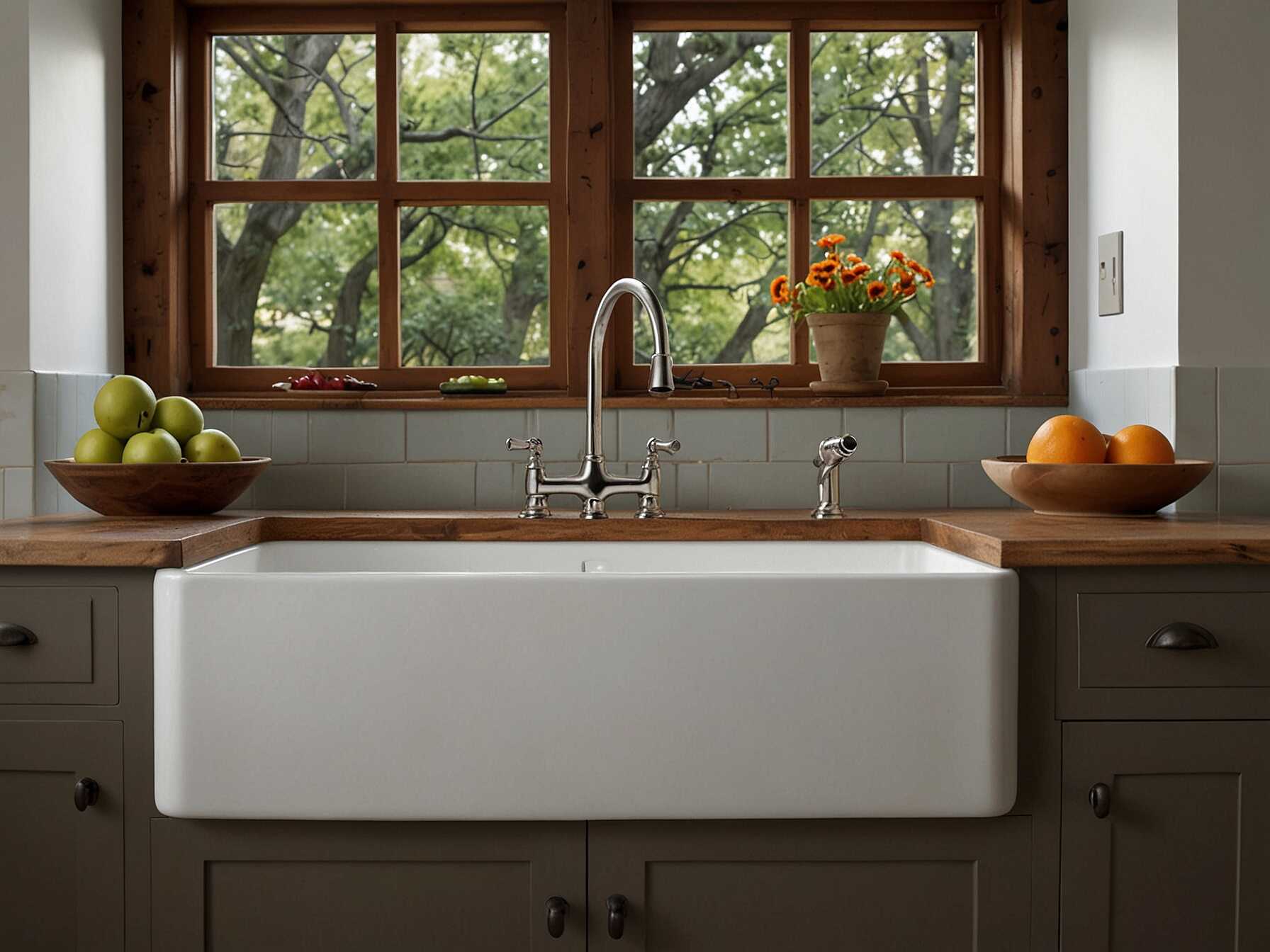 A farmhouse sink adds a charming, rustic touch to any kitchen. It’s also deep and functional for washing big pots and pans. Opt for a white or stainless-steel finish.  