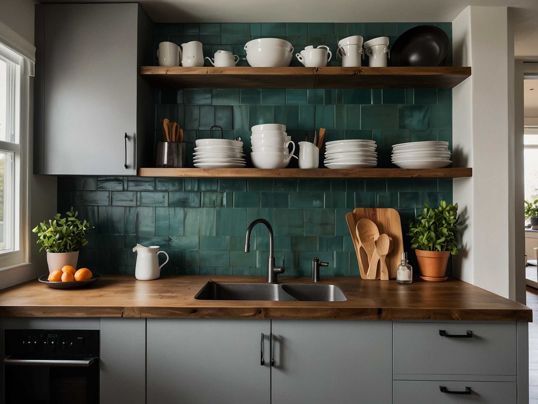 Open shelving can make your kitchen feel bigger and more inviting. It’s a perfect place to show off your favorite dishes or cookbooks. Keep it tidy to maintain a clean look.  