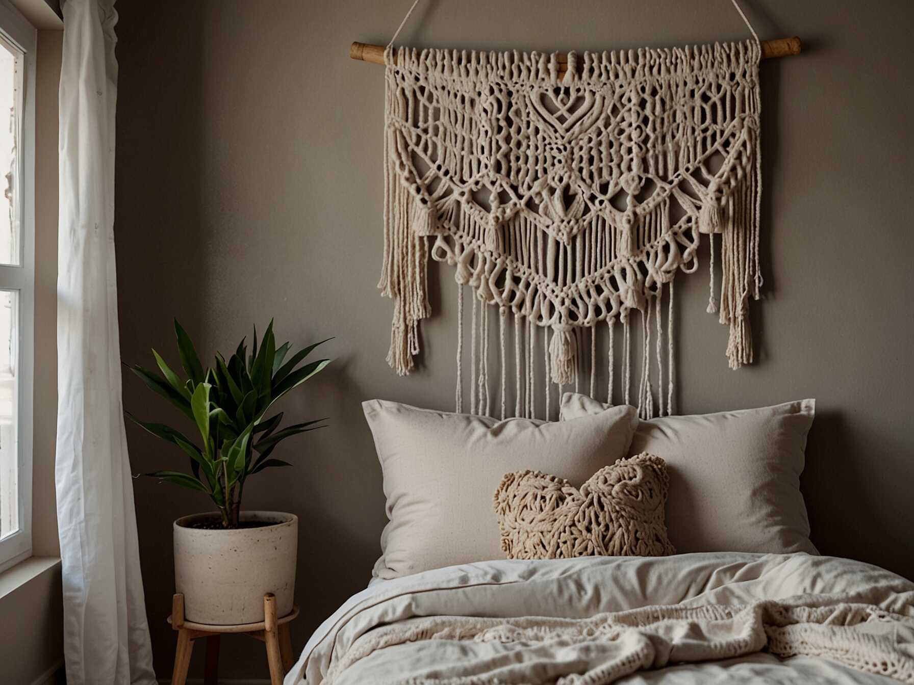 Macrame wall hangings are perfect for a boho bedroom. They add texture and interest to plain walls. You can choose from various designs and sizes to match your room.  Pick natural colors like beige or white. This will keep the room looking calm and peaceful. Hang the macrame above your bed for a focal point.  Mix in some smaller pieces around the room. This will create a cohesive look without overwhelming the space.  