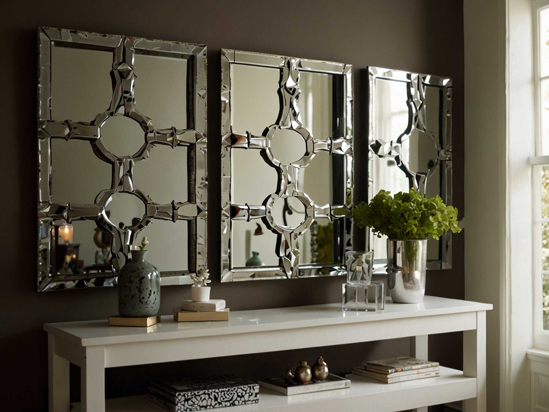 Mirrors can make your room feel bigger. Arrange a grid of small mirrors on one wall. This adds light and interest.  Choose mirrors with different frames. This adds a mix of textures and styles. A mirror grid can be a standout feature.  Mirrors also reflect other decor. They make your room look more cohesive and put-together.  