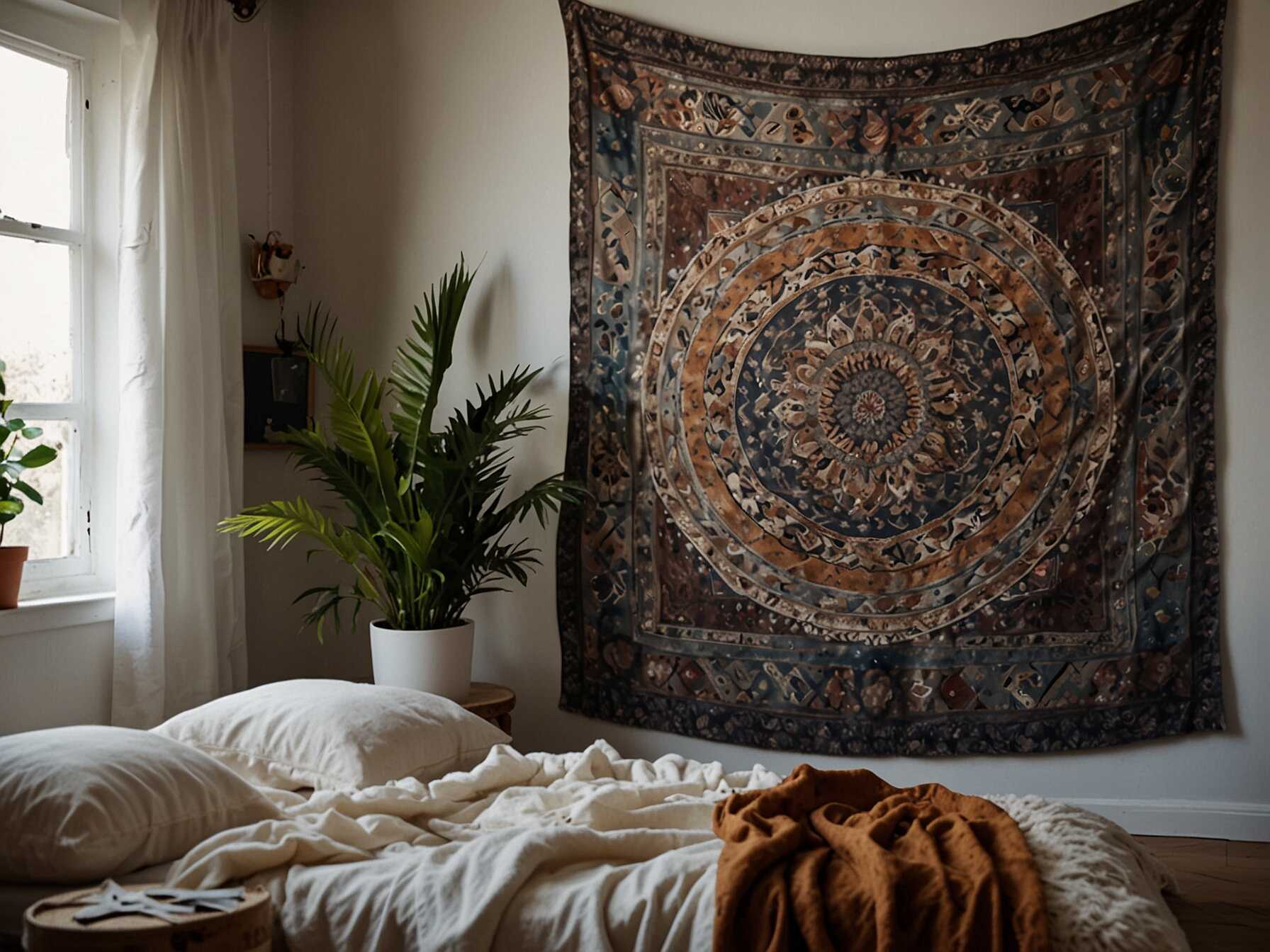 Tapestries are a staple in boho bedrooms. Choose one with intricate designs or bold colors. They can cover a large part of your wall.  Hang the tapestry above your headboard. This creates a comfy, cozy atmosphere. You can easily change it if you want a new look.  Tapestries are easy to find and affordable. They are a simple way to change the style of your room.  