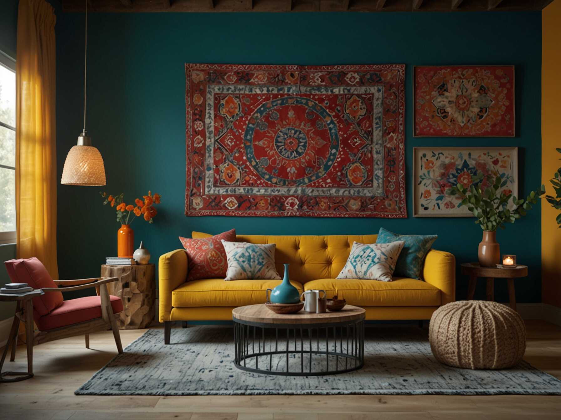 Boho style loves bold, vivid colors. Choose a bright accent wall in your favorite shade. Think deep teal, rich burgundy, or sunny yellow.  Use paint to bring energy to your room. A bold wall can make a statement. Don't be afraid to go bright and cheerful.  Balance the bold color with neutral furniture. This prevents the room from feeling too busy.  