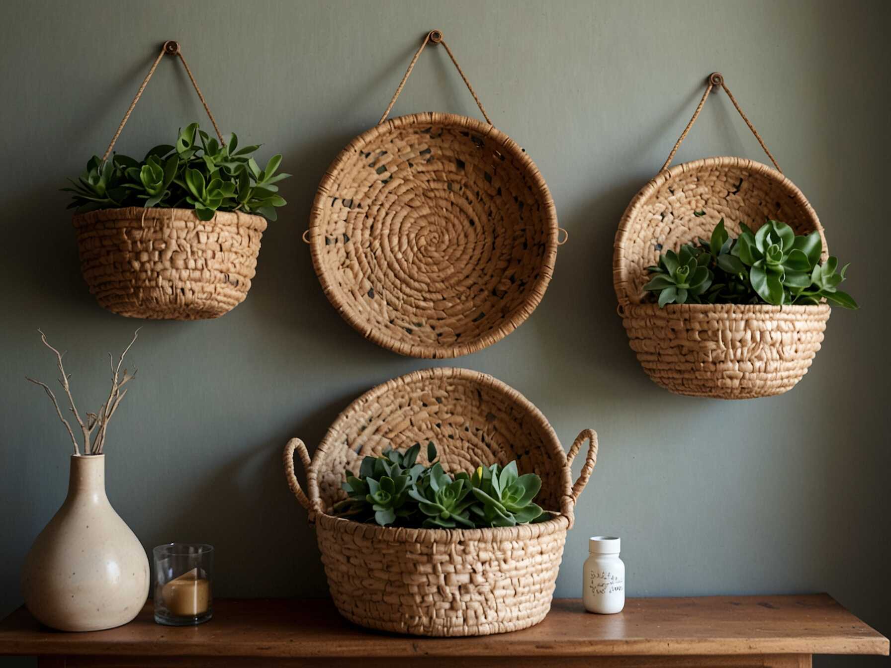 Woven wall baskets add texture and interest. Hang a few on one wall for a unique display. Choose different sizes and patterns.  They are perfect for storing small items. Baskets also add a natural, earthy feel. They are a simple way to add a boho touch.  You can find them at many home stores or thrift shops. They are affordable and easy to hang.  