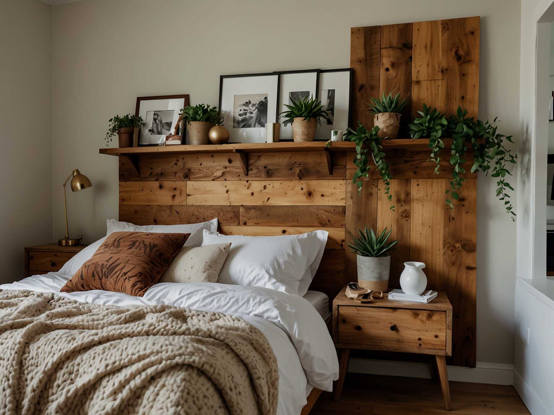 Wooden accents add warmth and natural beauty. Consider a wooden headboard or shelves. They blend well with other boho elements.  Stain or paint the wood to match your decor. Lighter woods work well with white or neutral walls. Darker woods add a touch of sophistication.  Mix in some plants for an earthy, organic feel. This makes the room feel cozy and inviting.  