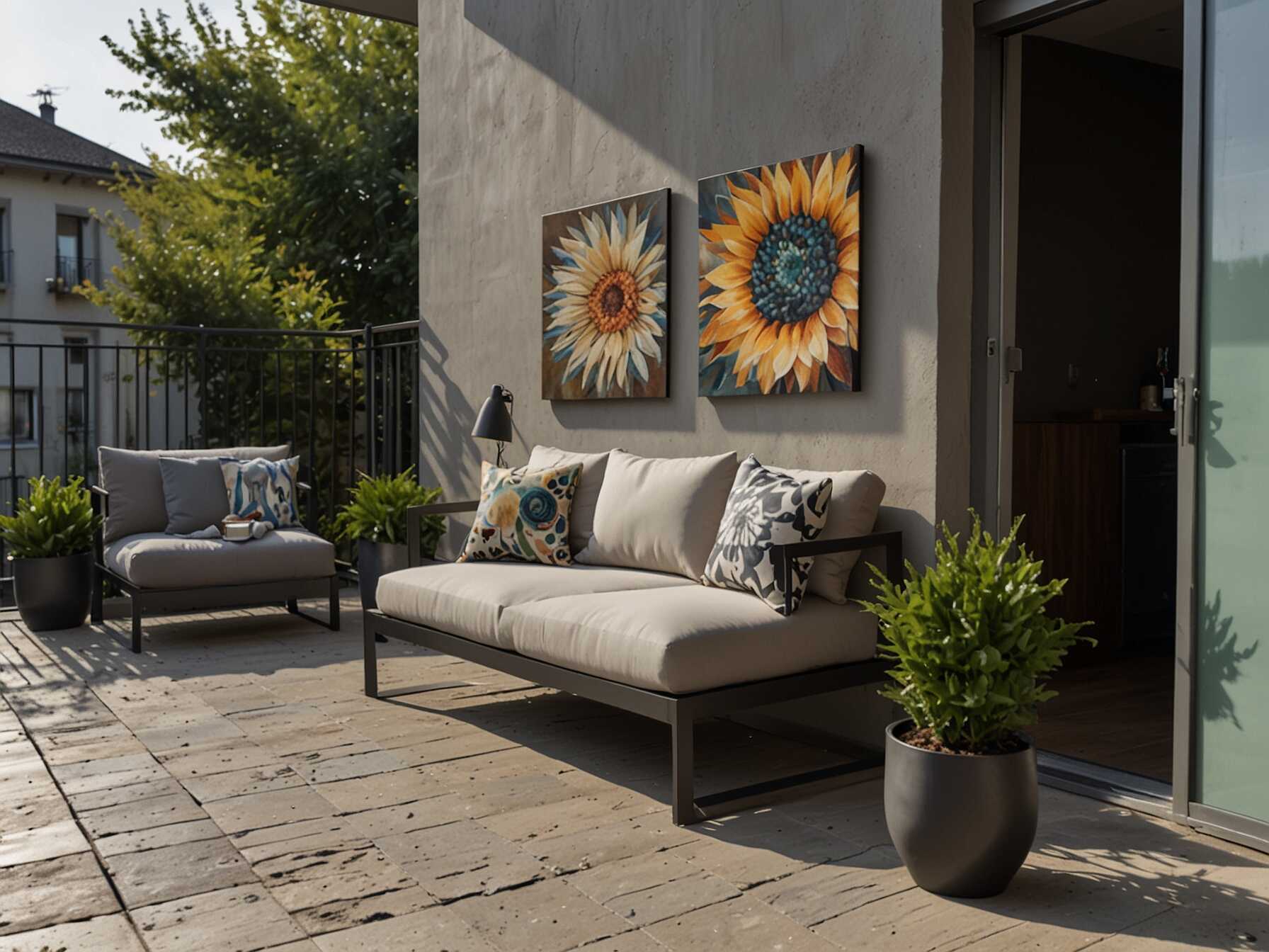 Add some artwork to your balcony. Weather-resistant pieces, like metal or ceramic art, are great. It makes the space feel more personalized.  