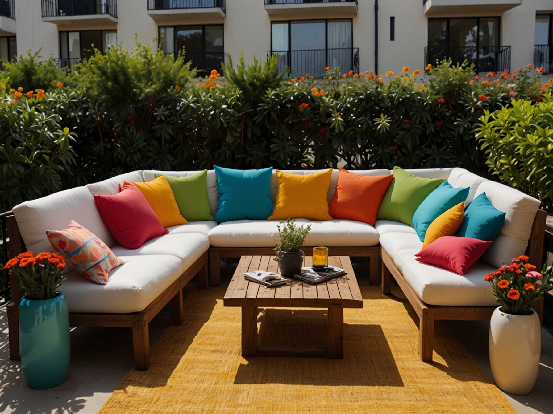 Add colorful cushions, throws, and accessories. Bright colors can liven up the space. Its an easy way to change your balconys look with the seasons.  