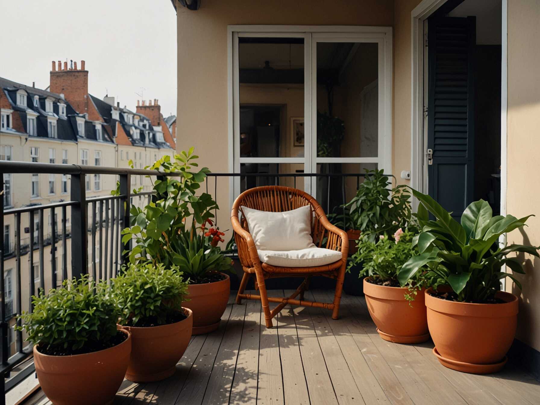 Fill your balcony with lush plants and flowers. Use pots of different sizes and colors. This adds a natural and refreshing touch to your balcony.  