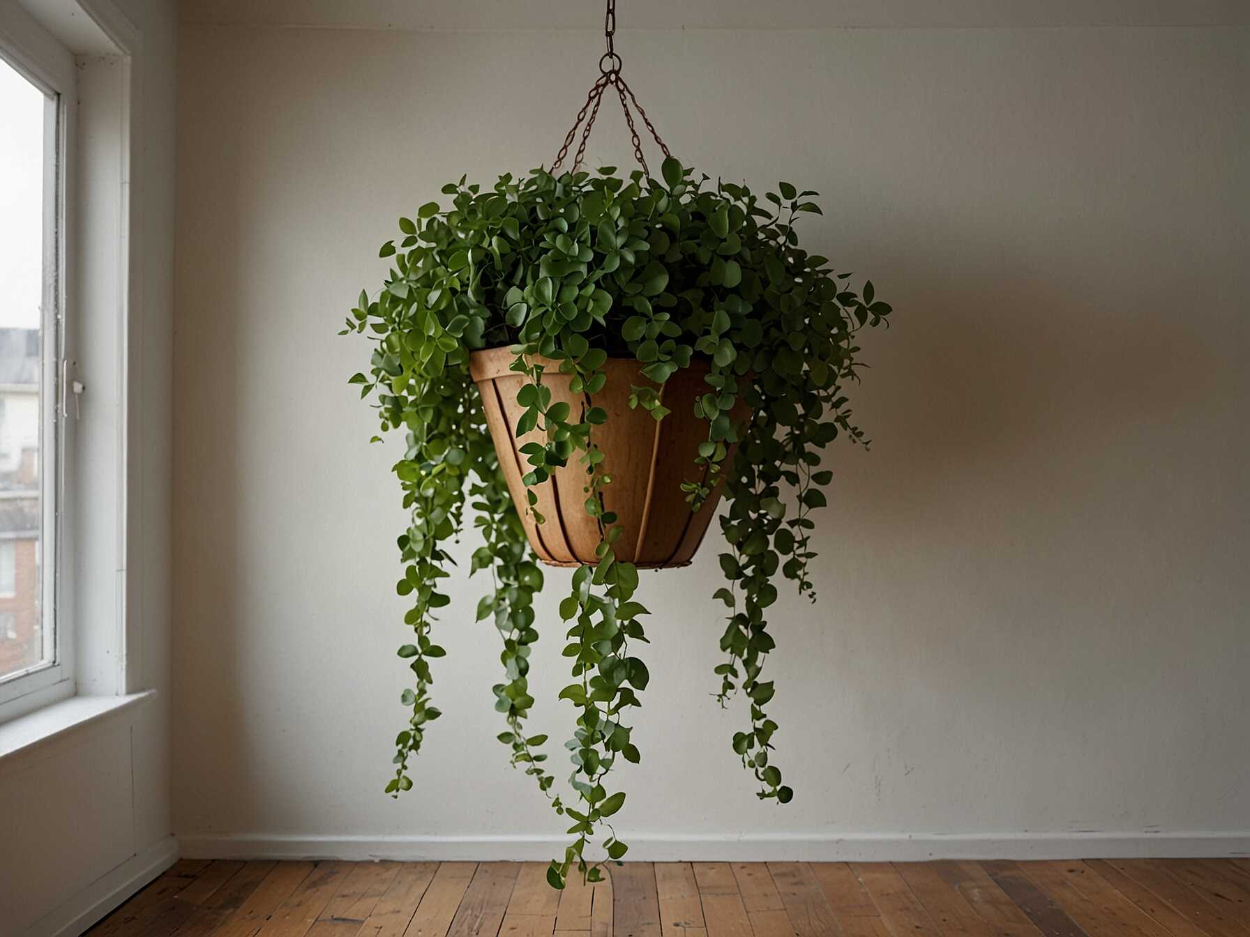 Hang some plants from the ceiling or railing. Use hanging baskets or planters. This saves floor space and adds greenery at eye level.  