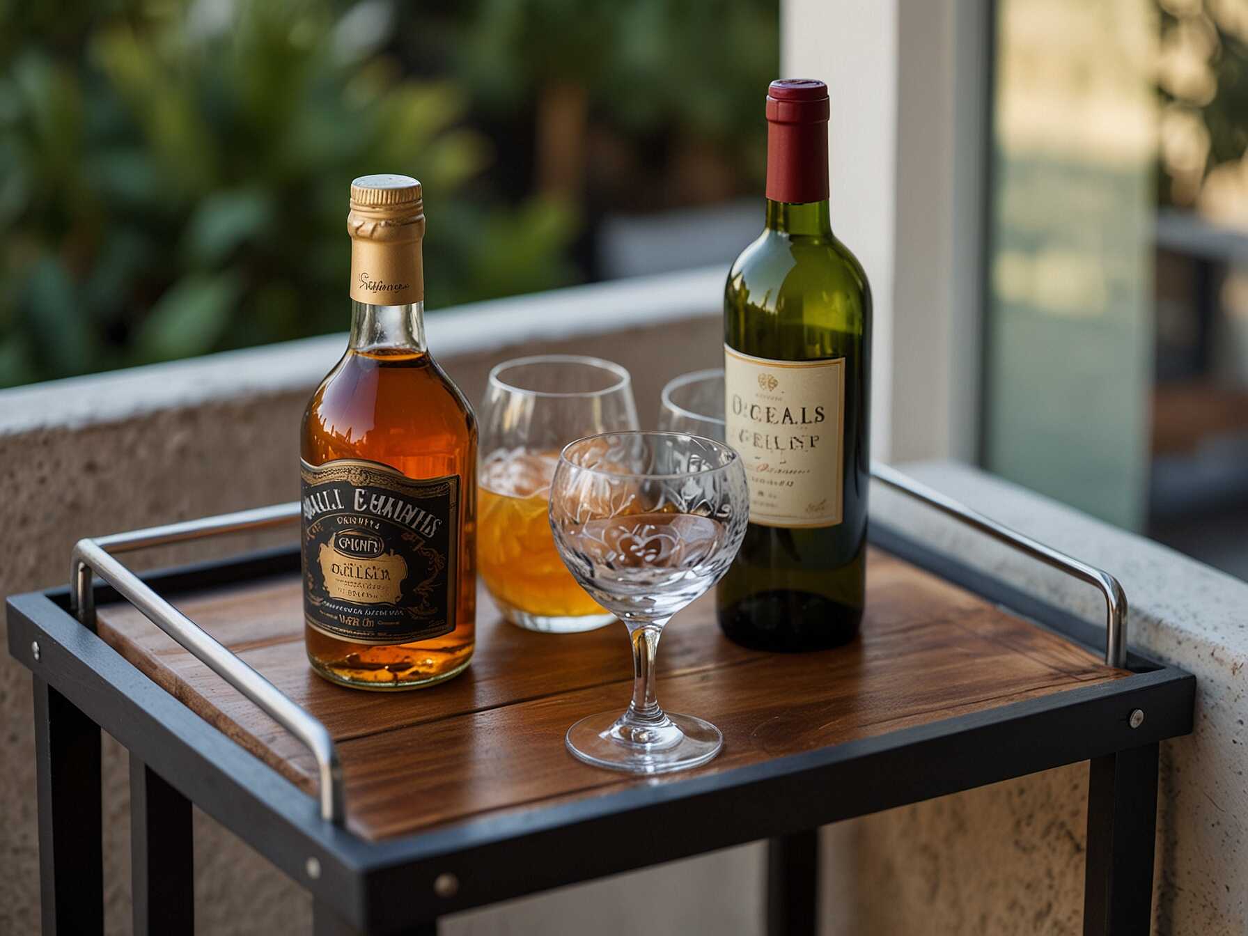 Set up a mini bar on your balcony. Use a small cart or shelf to hold drinks and glasses. Its great for entertaining or a quiet evening drink.  