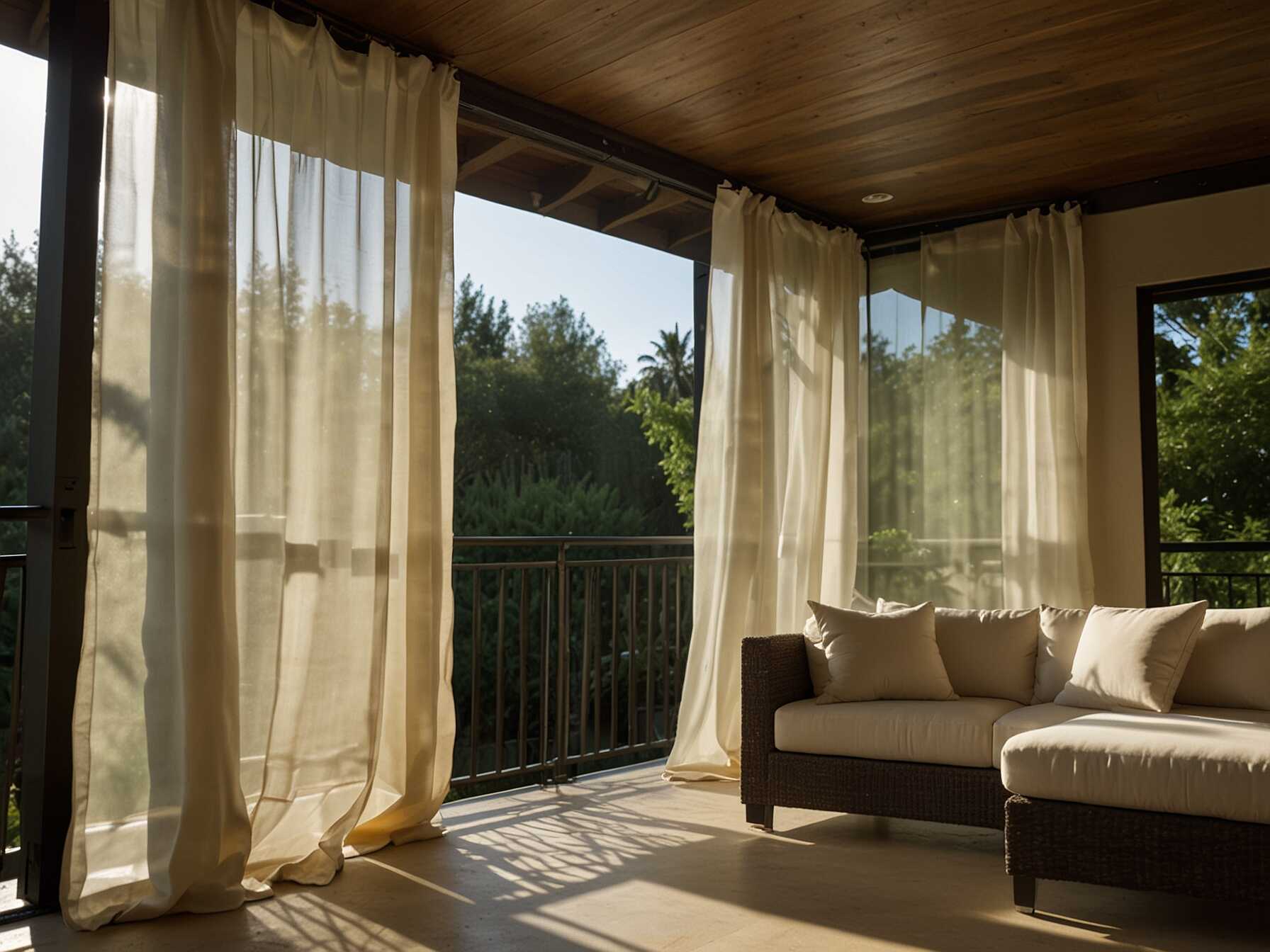 Hang outdoor curtains around the balcony. They provide shade and privacy. Plus, they add a touch of elegance.  