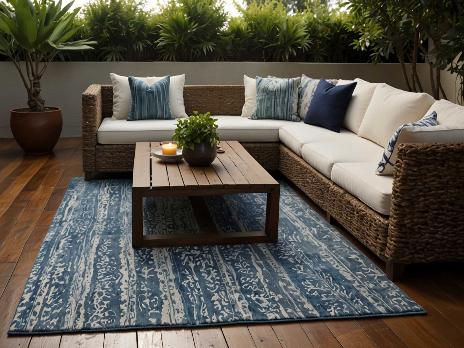 Lay down an outdoor rug to define the seating area. Choose a weather-resistant material. It makes the space feel more like an outdoor living room.  