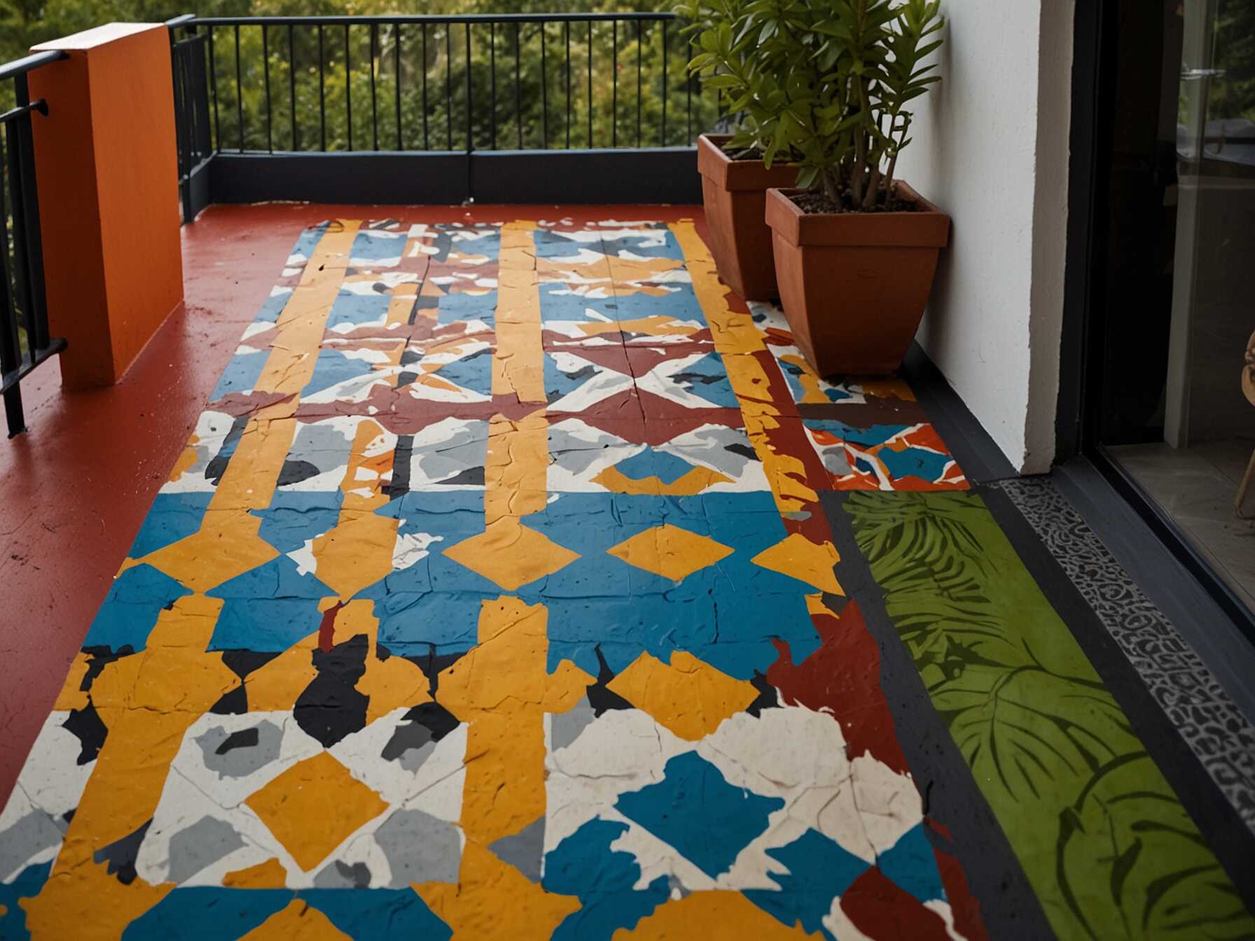 Paint the floor of your balcony with weather-resistant paint. Choose a vibrant color or a fun pattern. Its an easy way to add personality.  