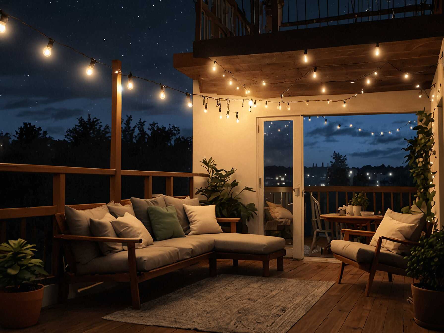 Hang string lights above your balcony. They create a magical atmosphere. Perfect for evening relaxation or gatherings.  