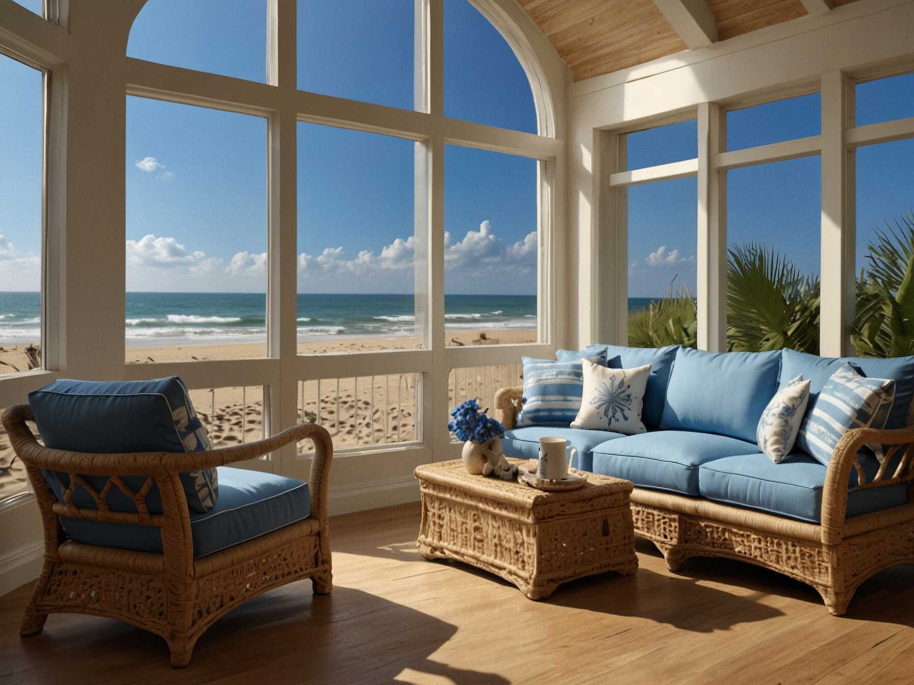 Create a beach-themed sunroom. Use blue and white colors. Add seashell decorations and beach-themed art.  