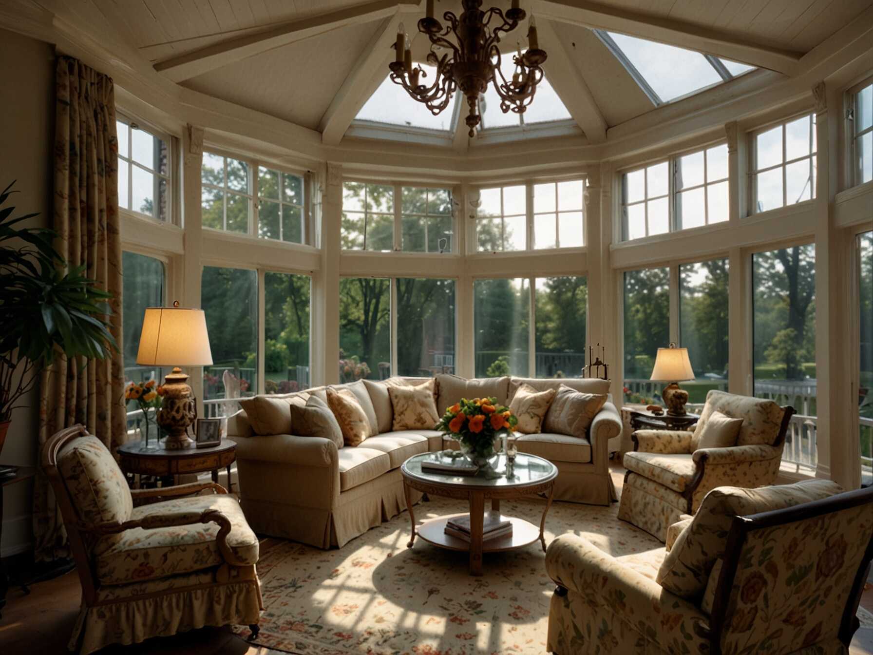 Design a classic, elegant sunroom. Use luxurious fabrics and detailed furniture. Add a chandelier for a fancy touch.  