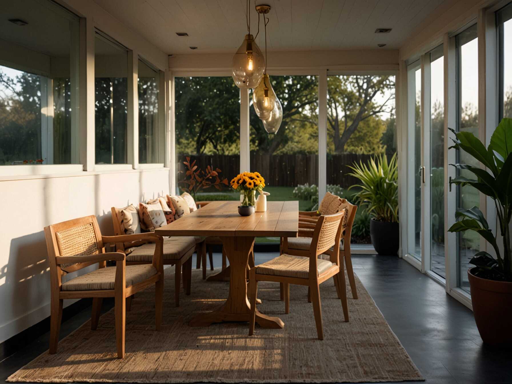 Make your sunroom a dining room. Use a stylish dining table and chairs. Its a perfect place to enjoy meals with family and friends.  