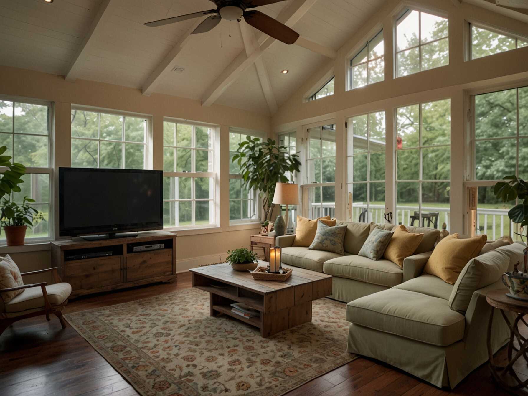 Turn your sunroom into an entertainment space. Add a TV, a comfy sofa, and some board games. Its a fun place to hang out with friends and family.  