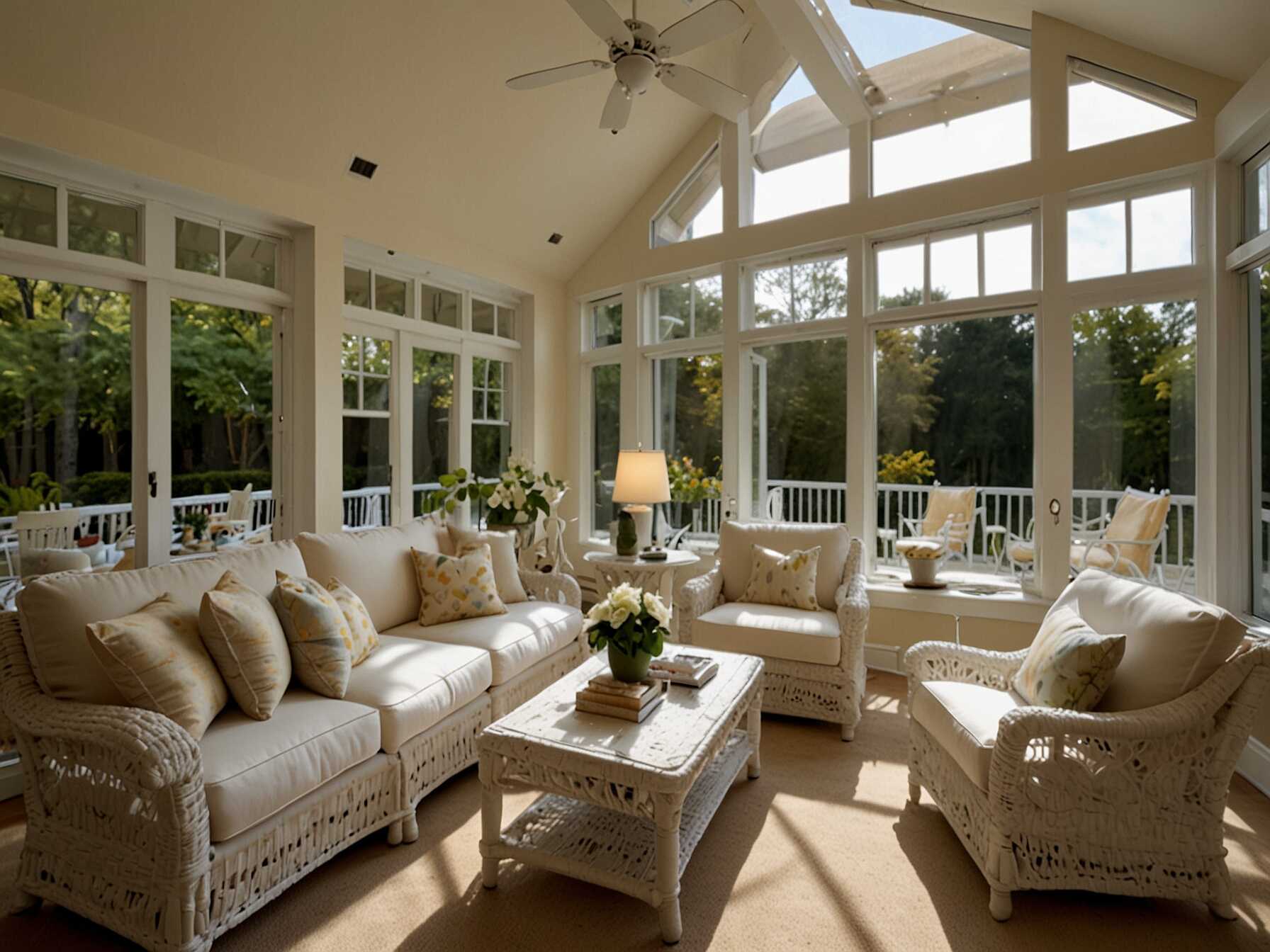 Choose light-colored furniture for your sunroom. White or beige furniture brightens the space. It makes the room look bigger and more cheerful.  