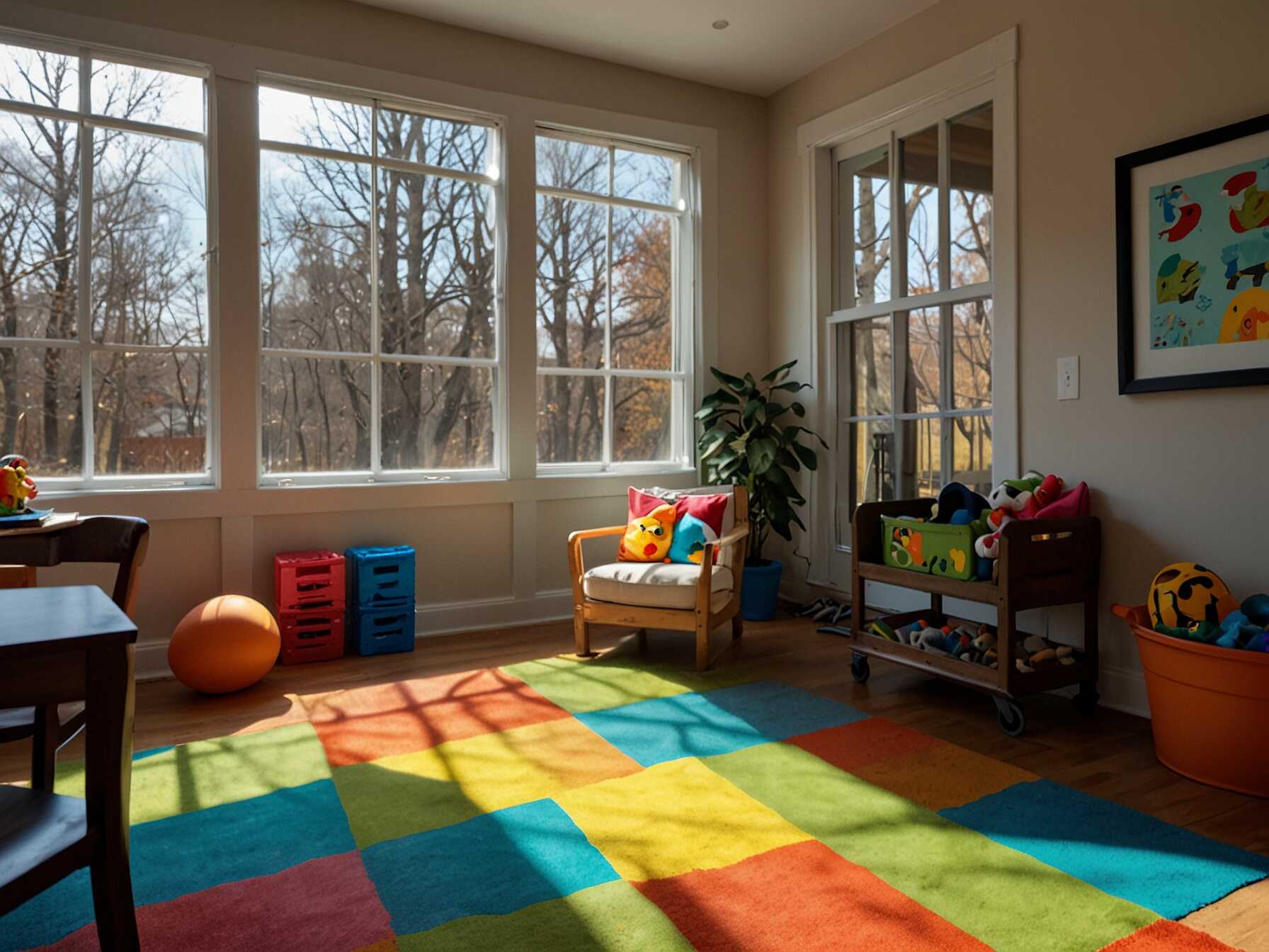 Turn your sunroom into a playroom. Add toys, a play mat, and colorful storage bins. Its a bright space for kids to enjoy.  