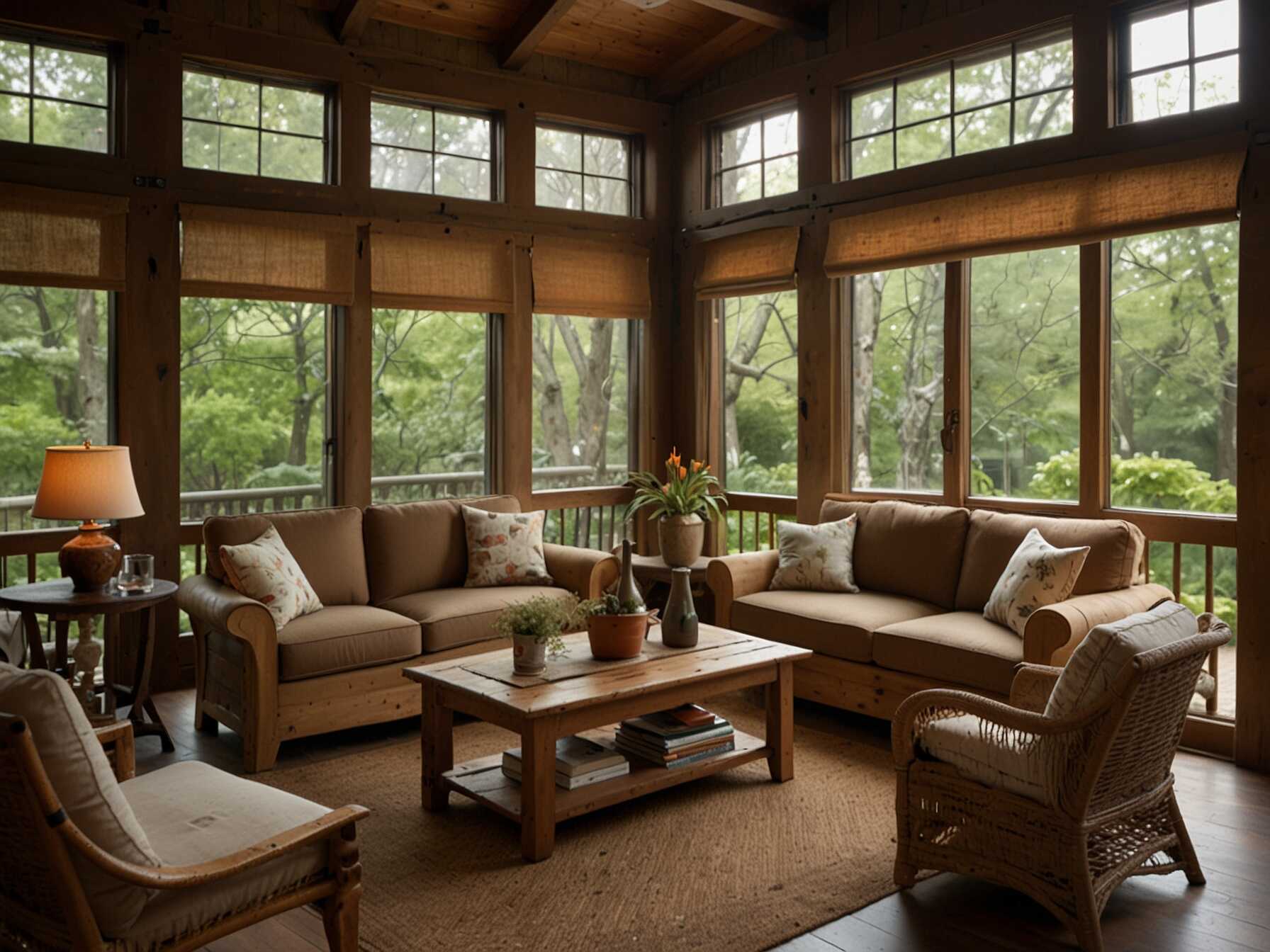 Go for a rustic charm in your sunroom. Use wooden furniture and earth-toned fabrics. It creates a warm and inviting atmosphere.  