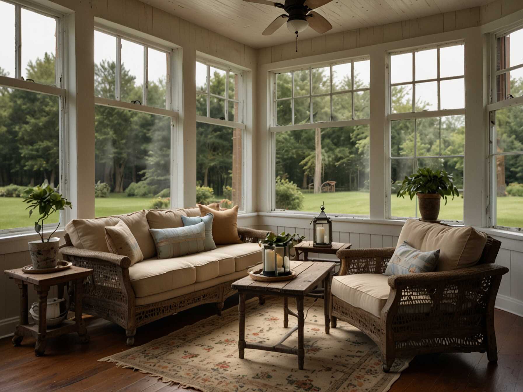 Create a rustic farmhouse sunroom. Use distressed wood furniture and burlap accessories. It gives the room a cozy, country feel.  