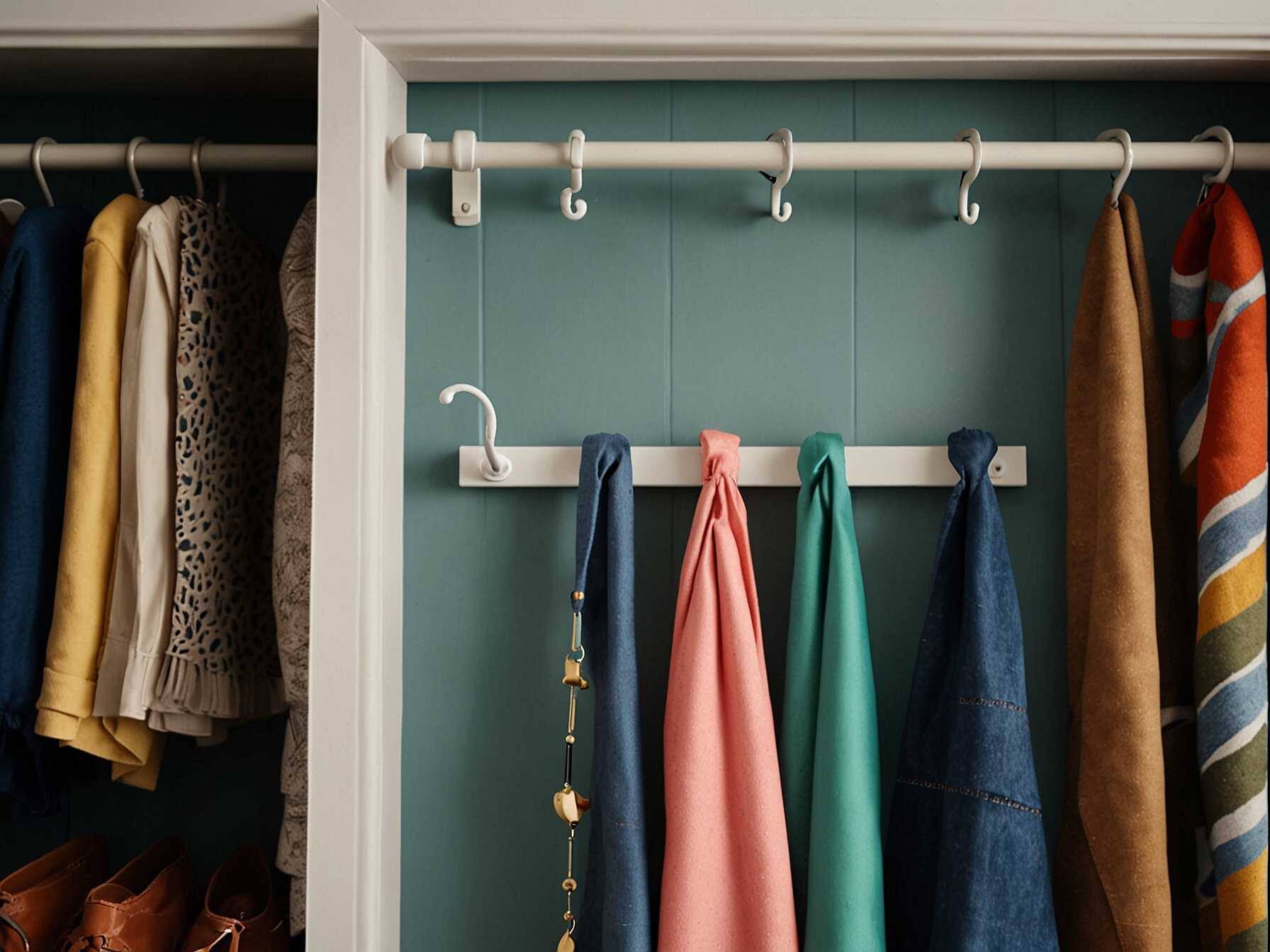 Add hooks on closet walls or doors for belts, scarves, and bags. These help keep accessories organized and prevent them from getting lost.  