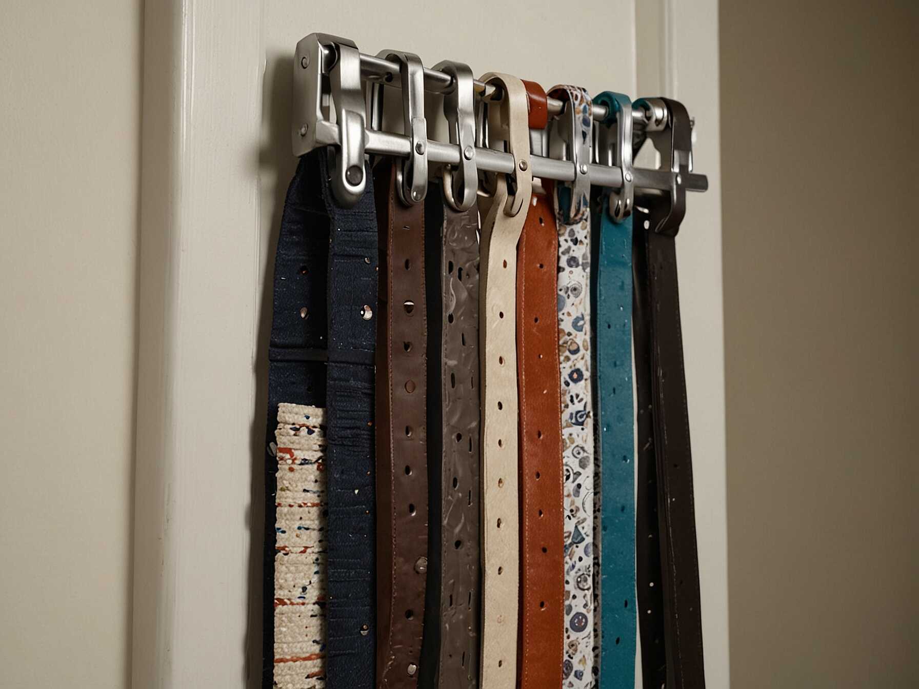 Install a belt rack to keep belts organized and untangled. This can be mounted on the inside of a closet door or on a wall. It keeps belts visible and easy to grab.  