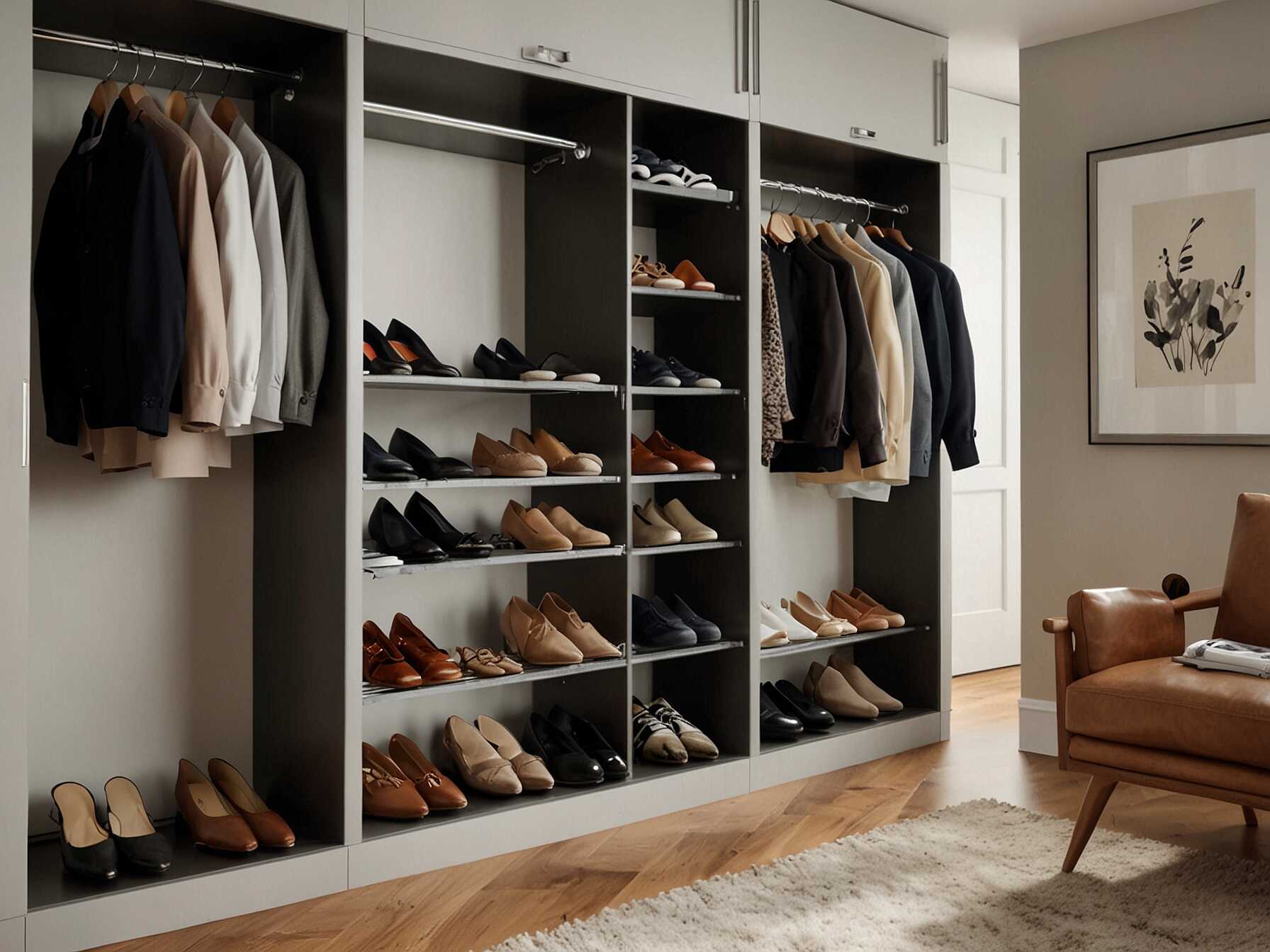 Built-in shoe racks can help keep footwear organized. Place them at the bottom of your closet for easy access. Keep your favorite pairs within reach.  