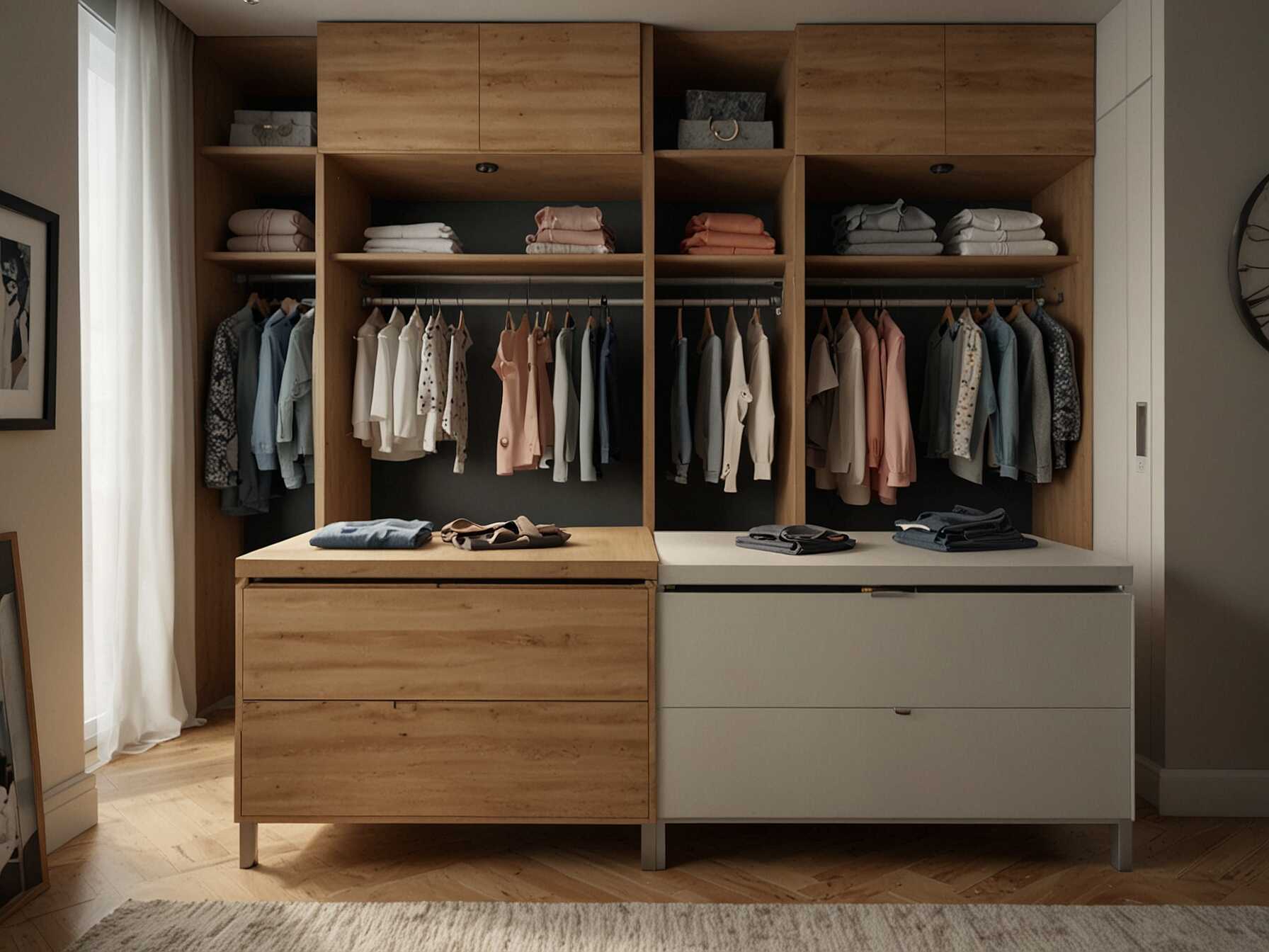 A closet island provides additional storage and an extra surface for folding clothes. The drawers can store accessories or smaller clothing items.  