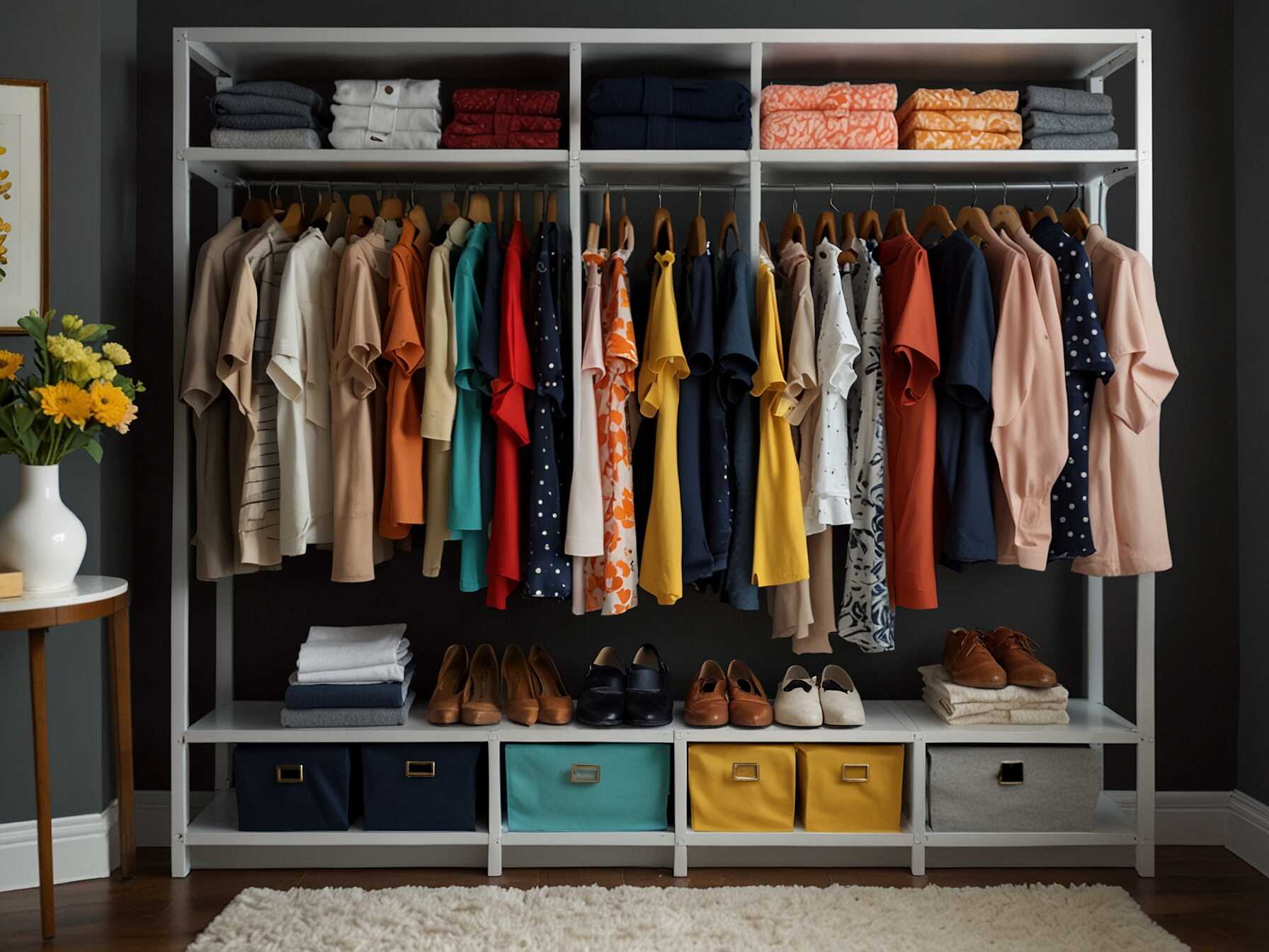 Organize clothes by color to make them easier to find. Color-coded sections also make your closet look neat and visually appealing.  