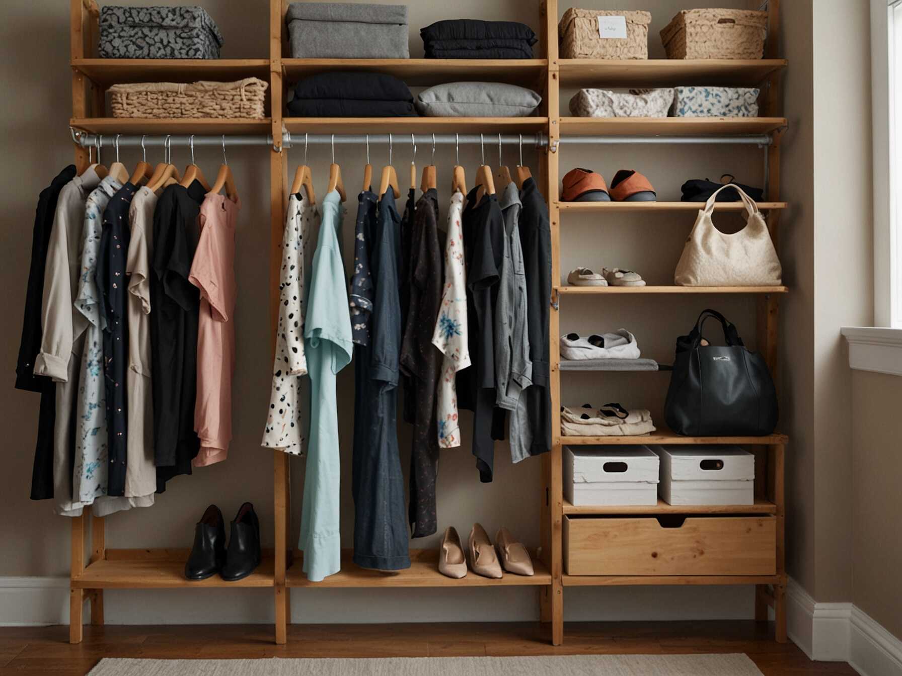 Install double hanging rods to maximize vertical space. Use one rod for shorter items like shirts and another for longer items like dresses. This helps keep everything organized.  