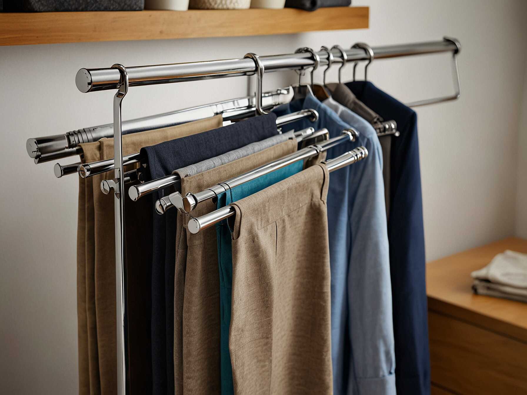 Extendable pant racks keep trousers wrinkle-free and easy to access. Pull out the rack to quickly choose a pair. This saves space and keeps pants in good shape.  