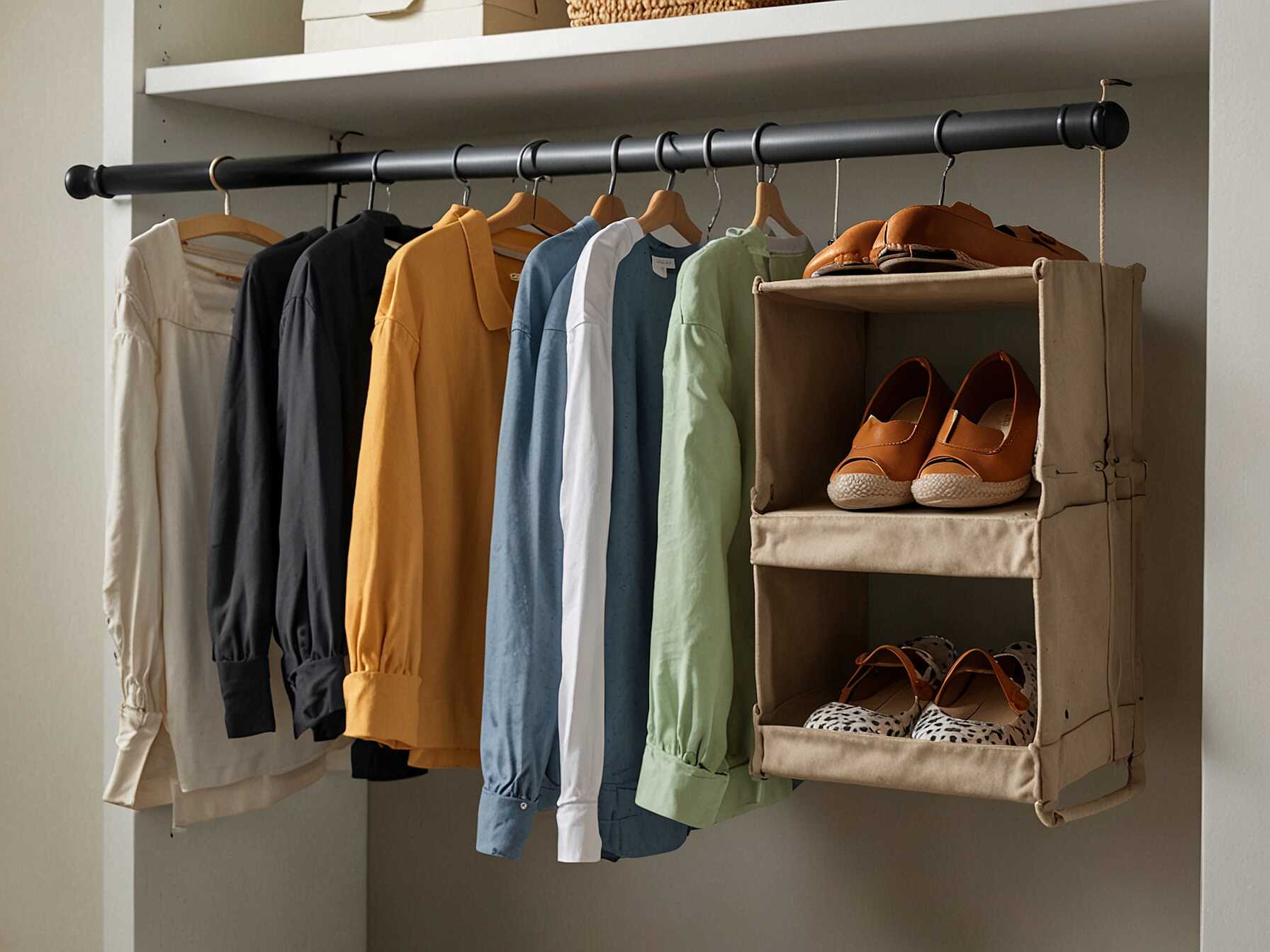 Hanging storage organizers add space for folded clothes or shoes. Hang them from the closet rod to create extra shelves. These are great for small closets.  