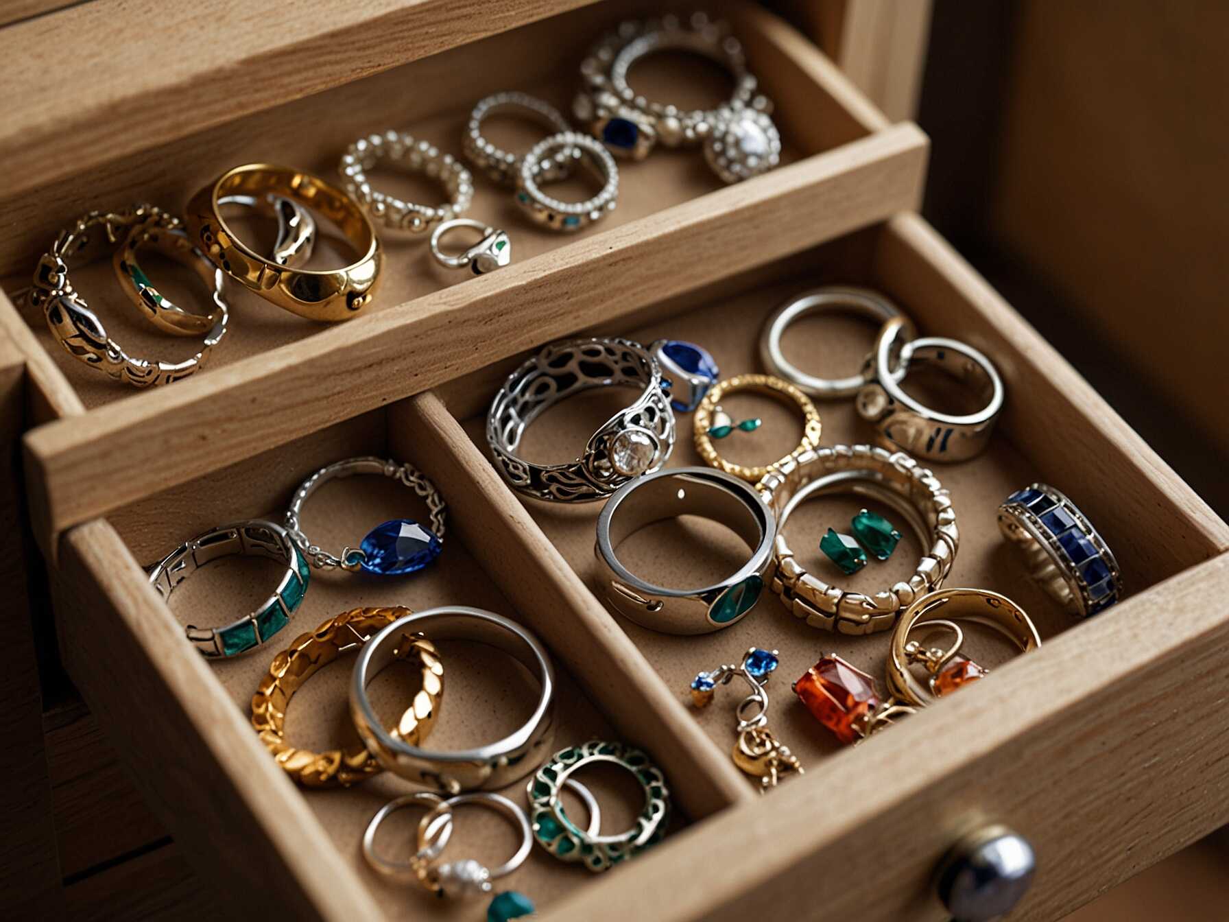 Install jewelry organizers inside a drawer or on the back of a door. These keep your jewelry tangle-free and easy to access. Choose organizers with compartments for rings, bracelets, and necklaces.  