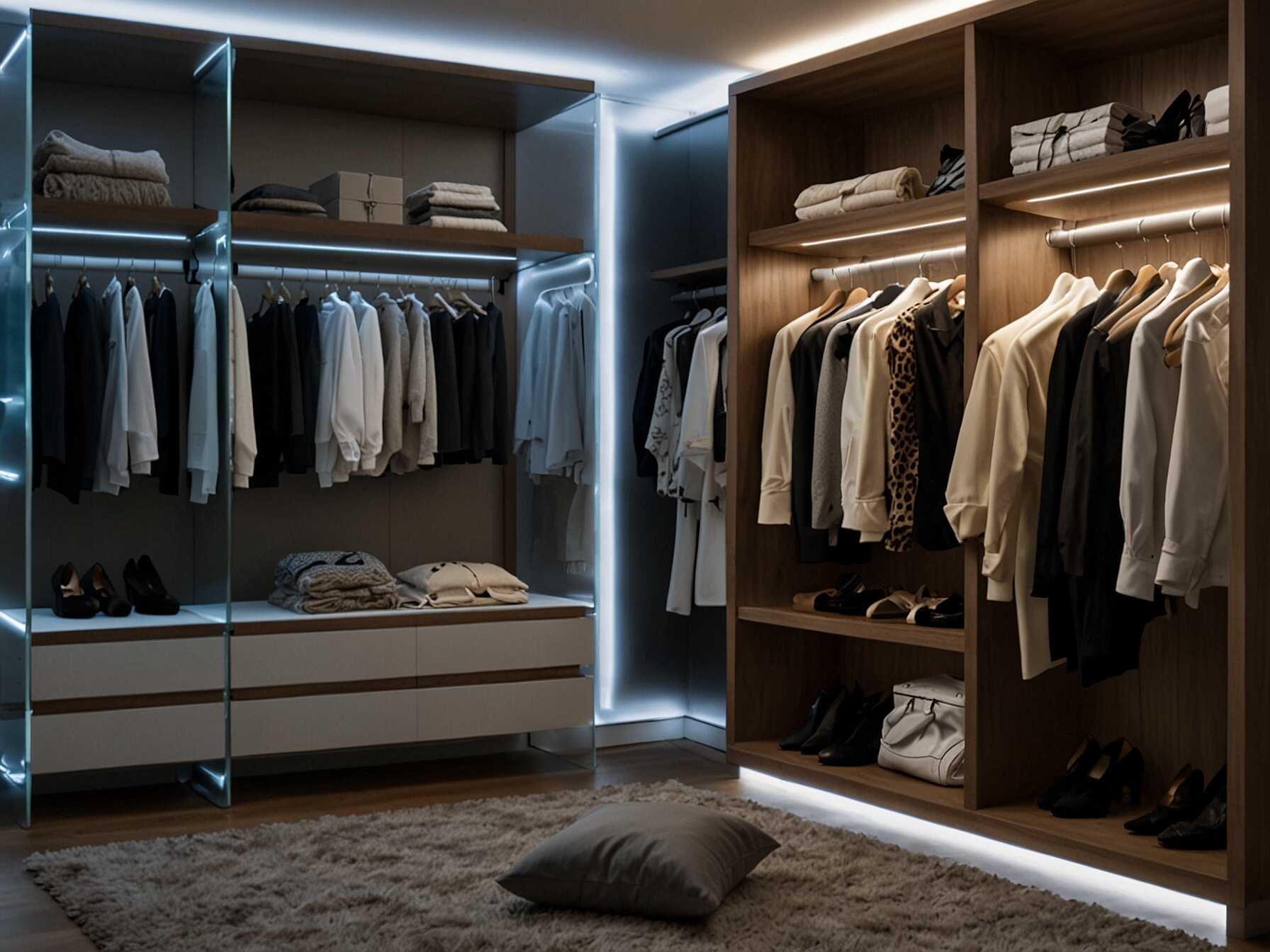 Add LED strip lights or smart lights inside your closet. Good lighting makes it easier to find what you need. It also highlights your clothing and accessories.  