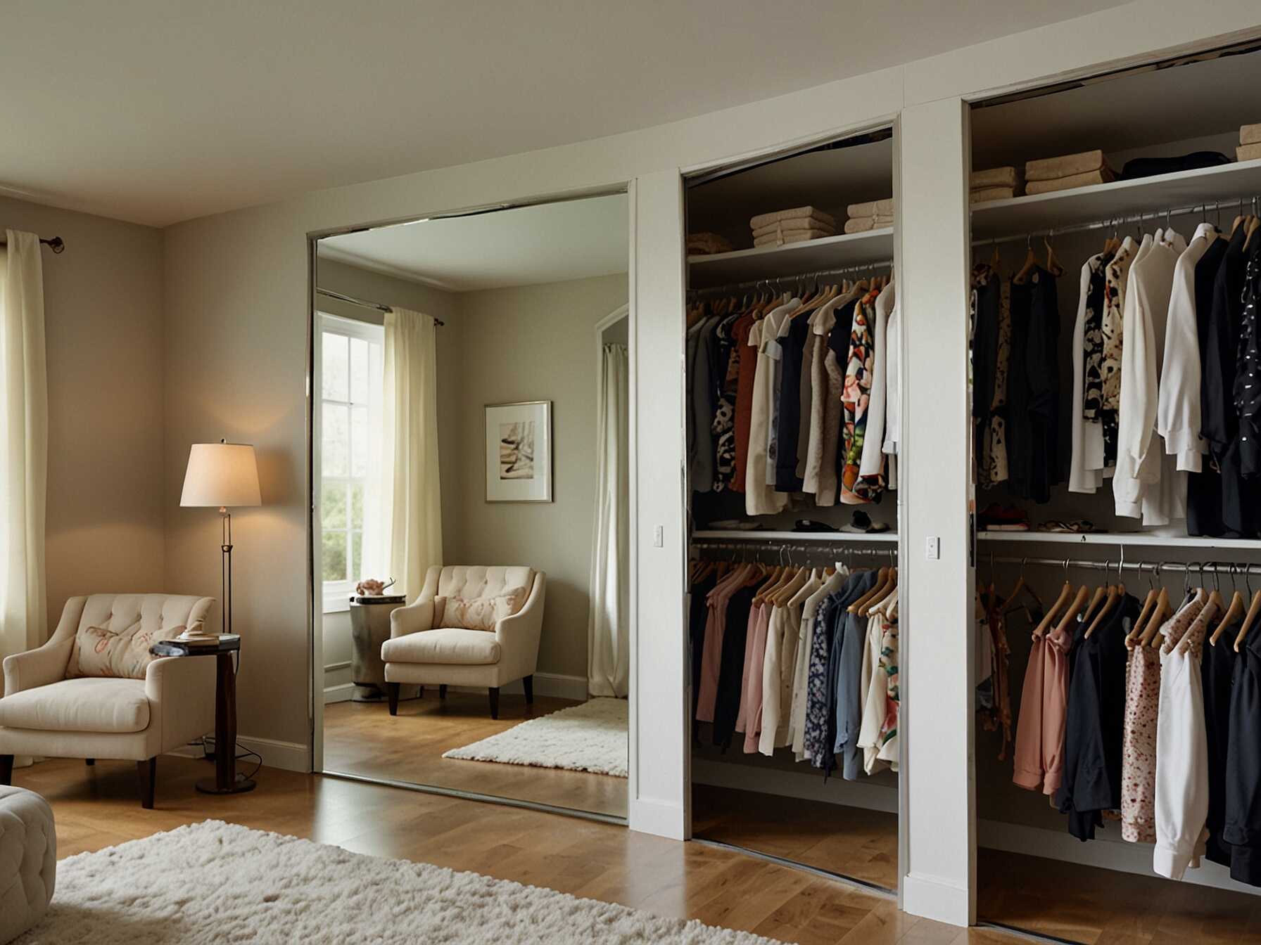 Install mirror panels on closet doors or walls. Mirrors make the space feel larger and are useful for getting dressed. Full-length mirrors are best for a complete view.  