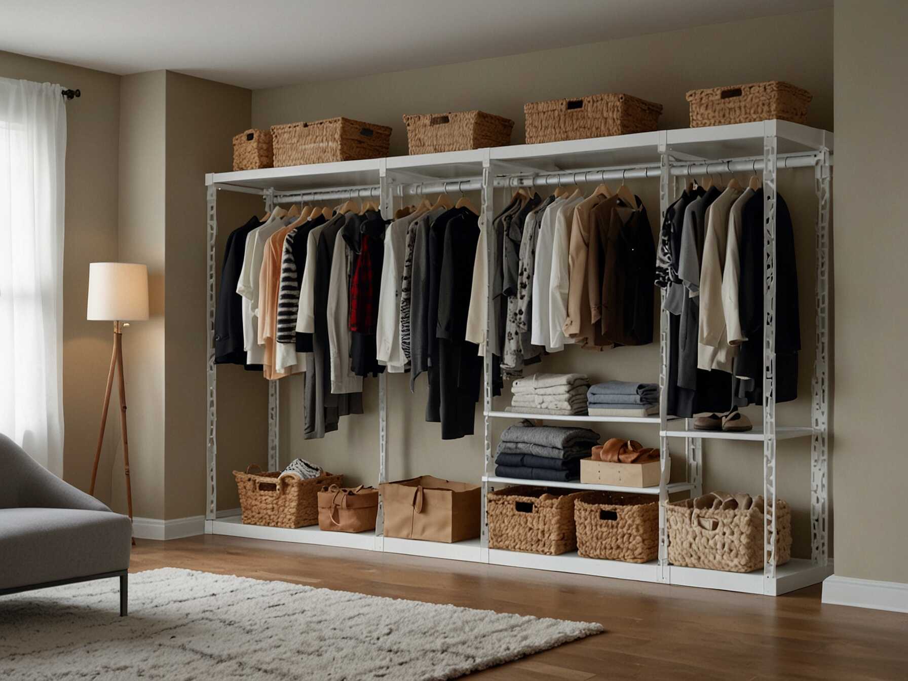 Open shelving units make it easy to see and access all your clothes. They also give your closet a more spacious feel. You can add baskets to store smaller items.  