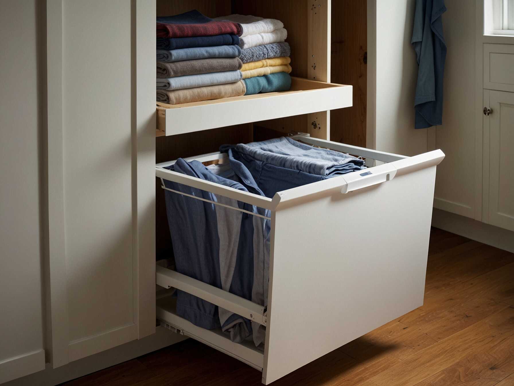 A pull-out hamper keeps dirty laundry out of sight. Install it in the closet to make laundry day easier. It can be hidden behind a cabinet door for a clean look.  