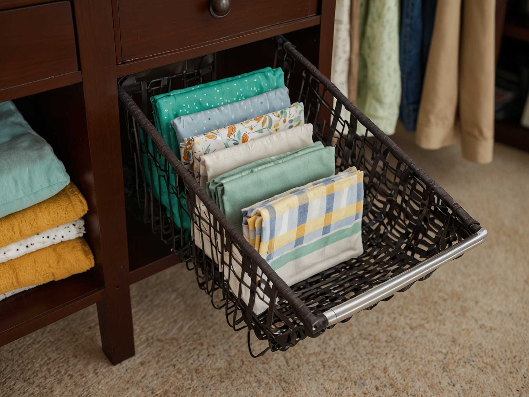 Add under-shelf baskets to utilize space below shelves. These are great for storing items like purses or folded clothes. They are easy to install and remove.  