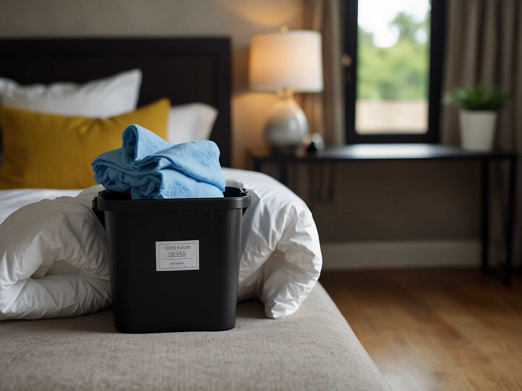 Make sure the guest room is clean and stocked with basic cleaning supplies. A dustbin and some cleaning wipes can help guests keep the space tidy during their stay.  