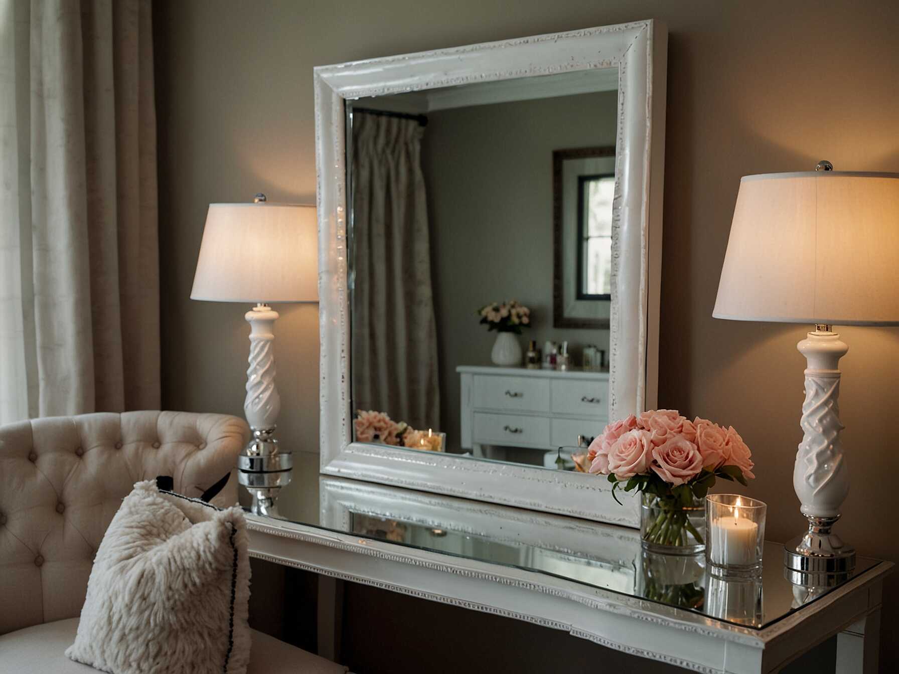 A full-length mirror or a vanity mirror is useful in a guest room. It helps guests get ready and feel more at home.  